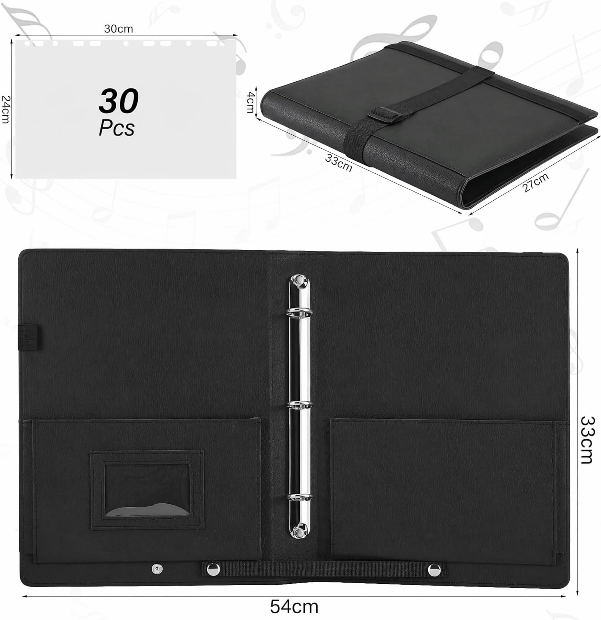 Pochette à partitions A4 avec dragonne et pochette transparente pour 30 feuilles, similicuir noir, classeur partition musique, dossier de musique pour piano, porte partition chorale