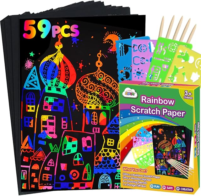 ZMLM Scratch Paper Art Set: 59Pcs Magic Drawing Art Craft Kid Black Scratch off Paper Supply Kit Toddler Preschool Learning Bulk Toy for Age 3 4 5 6 7 8 9 10 Girl Boy Holiday|Party Favor|Birthday Gift