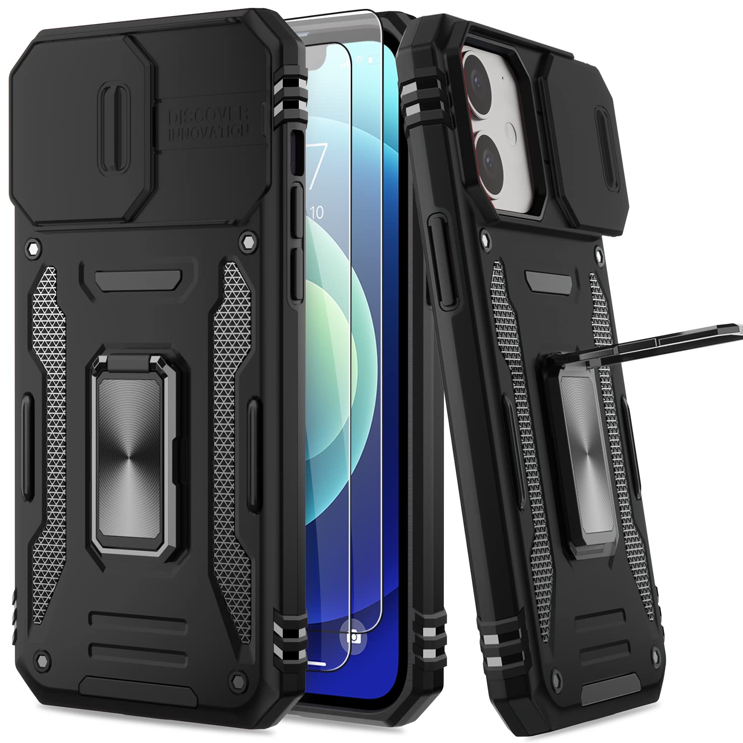 AUPAI for iPhone 12 Case with Camera Protection and Screen Protector,Heavy Duty Military Grade Protective Phone Cover with Kickstand Black