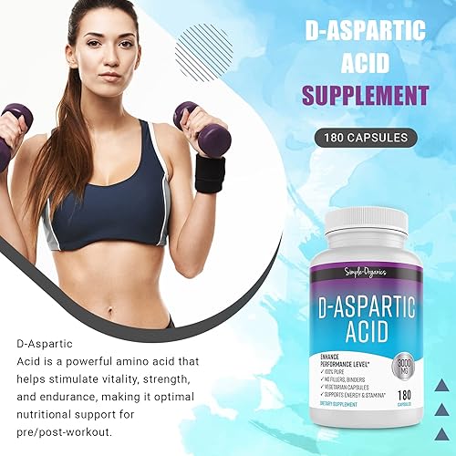 Miniatura 2 de Simple-Organics Suplemento de ácido D-aspártico sin gluten aglutinantes o rellenos pastillas dietéticas para apoyo energético 3000 mg de ácido
