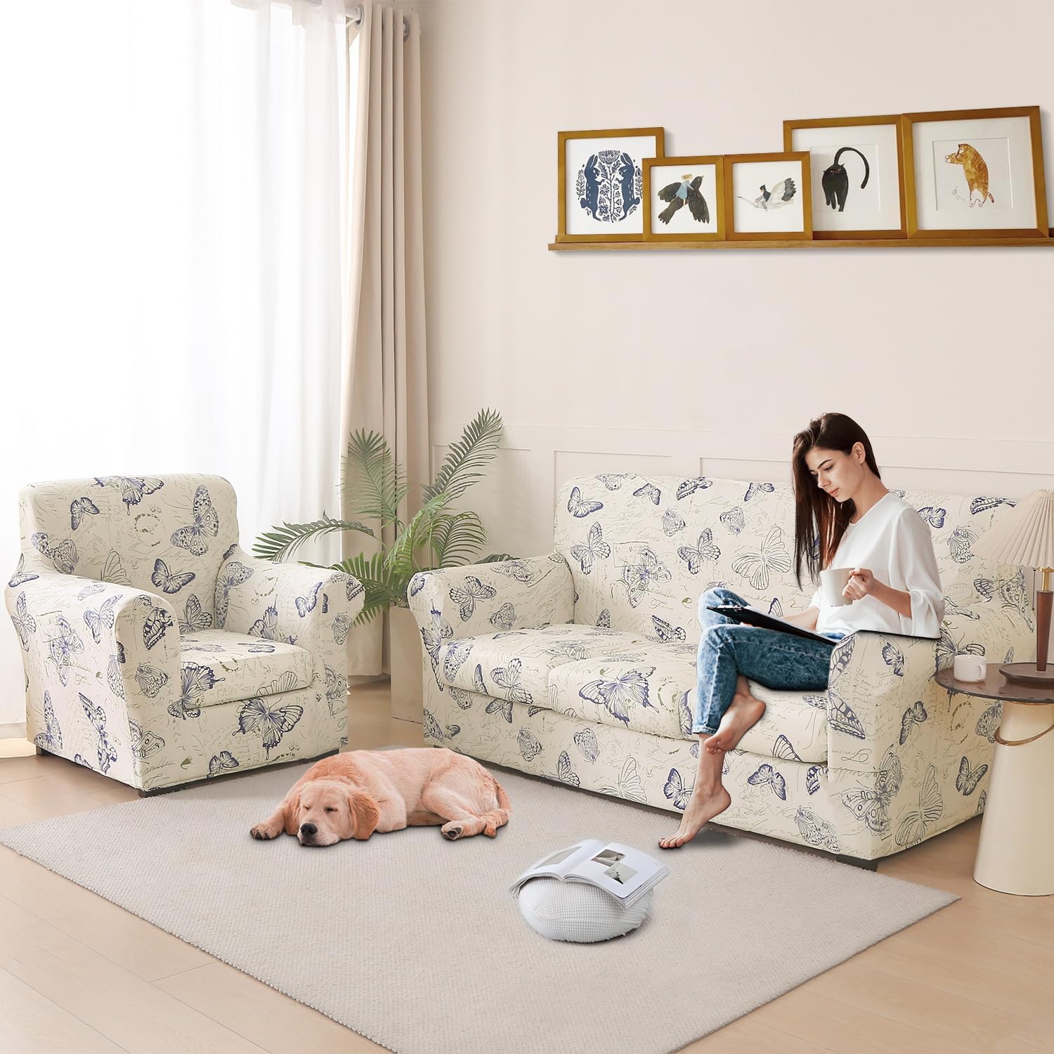 Stretch Printed Sofa Cover Couch Covers, 4-Piece Loveseat Slipcovers with 2 Separate Cushion Cover & 1 Pillow Case, Washable Spandex Furniture Protector for Living Room(Loveseat, Butterfly)