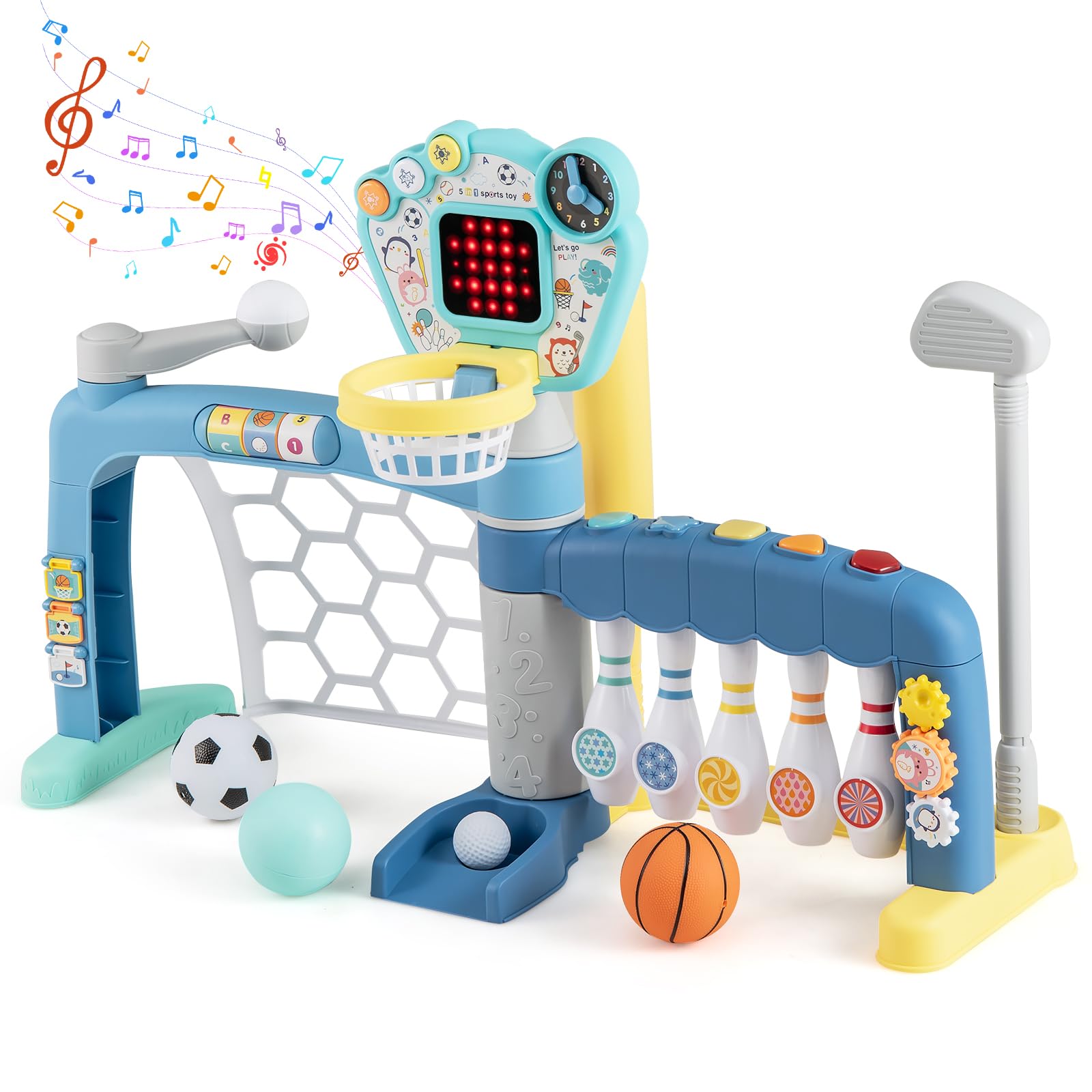 GOPLUS Juguetes Deportivos para Niños, Centro de Actividades 5 en 1 con Baloncesto, Fútbol, Bolos, Béisbol y Golf con Luces y Sonidos, para Niños de 1-3 Años