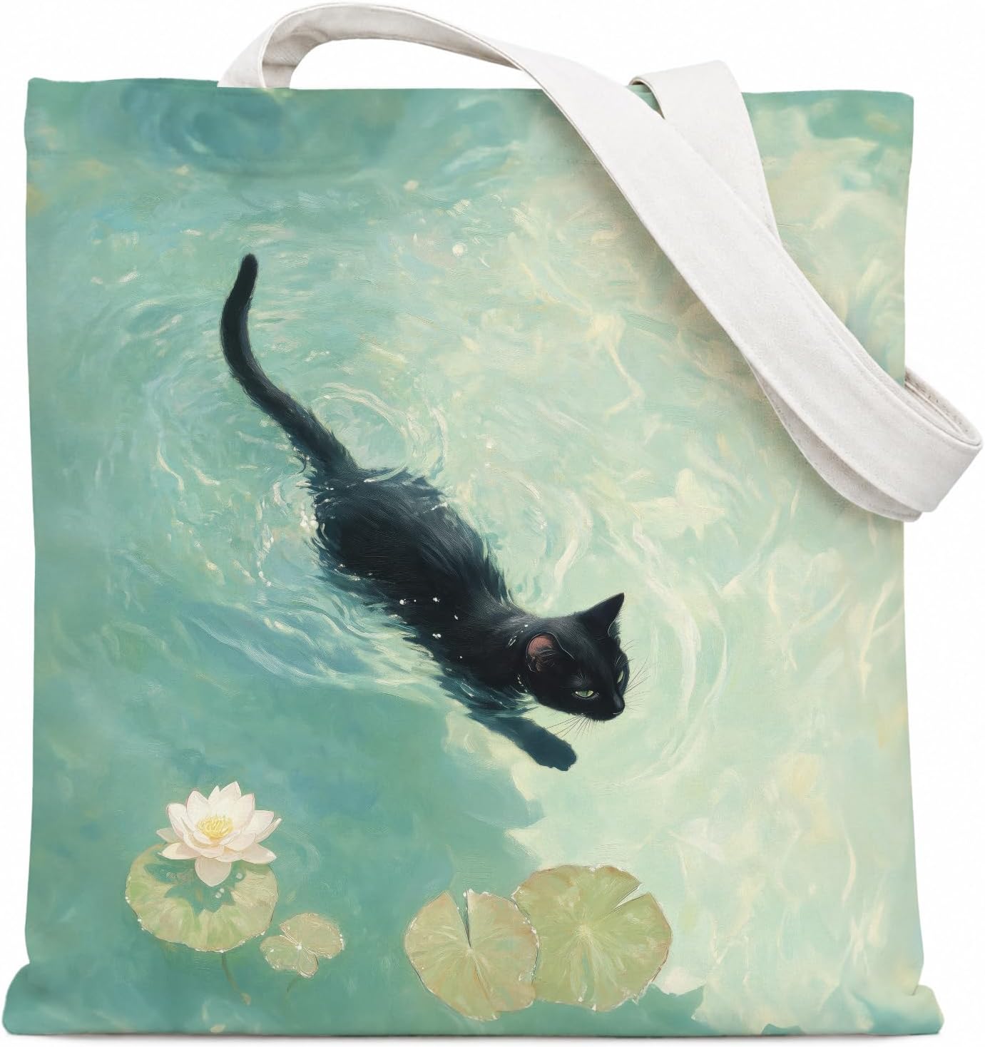 Black Cat Art Elegant Swimming Painting Tote Bag Canvas Reusable