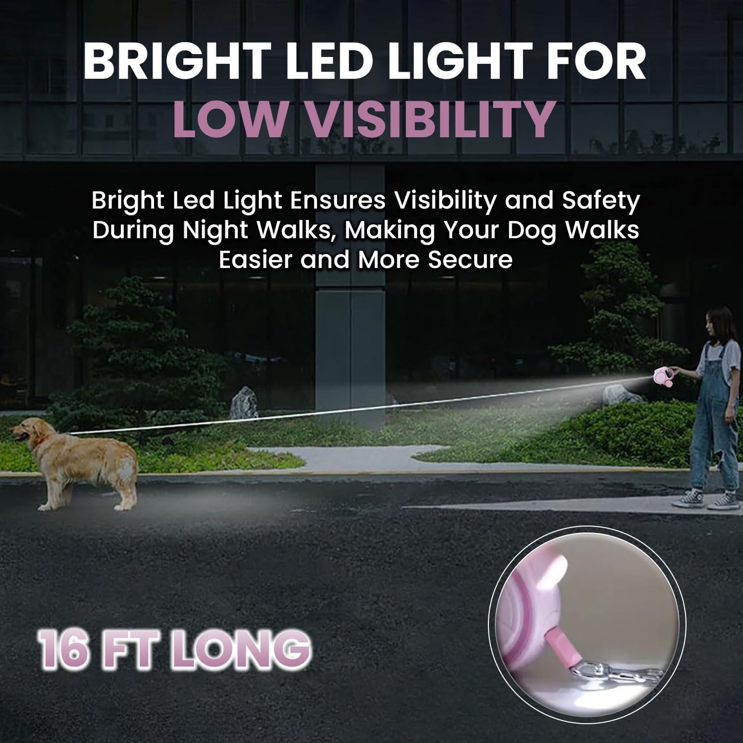 Laisse rétractable pour chien avec lampe de poche et distributeur, la laisse rétractable pour chien est parfaite pour une promenade sûre et confortable avec votre animal de compagnie – Convient pour