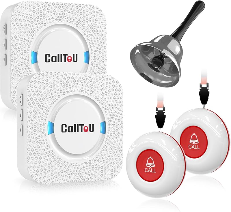 CallToU Buscapersonas inalámbrico para cuidadores Timbre de llamada manual para botones de alerta para personas mayores | Recordatorio dual, configuración sencilla, cobertura para toda la casa, monitores para padres mayores Campanas de mano para personas mayores/pacientes/enfermeras/discapacitados