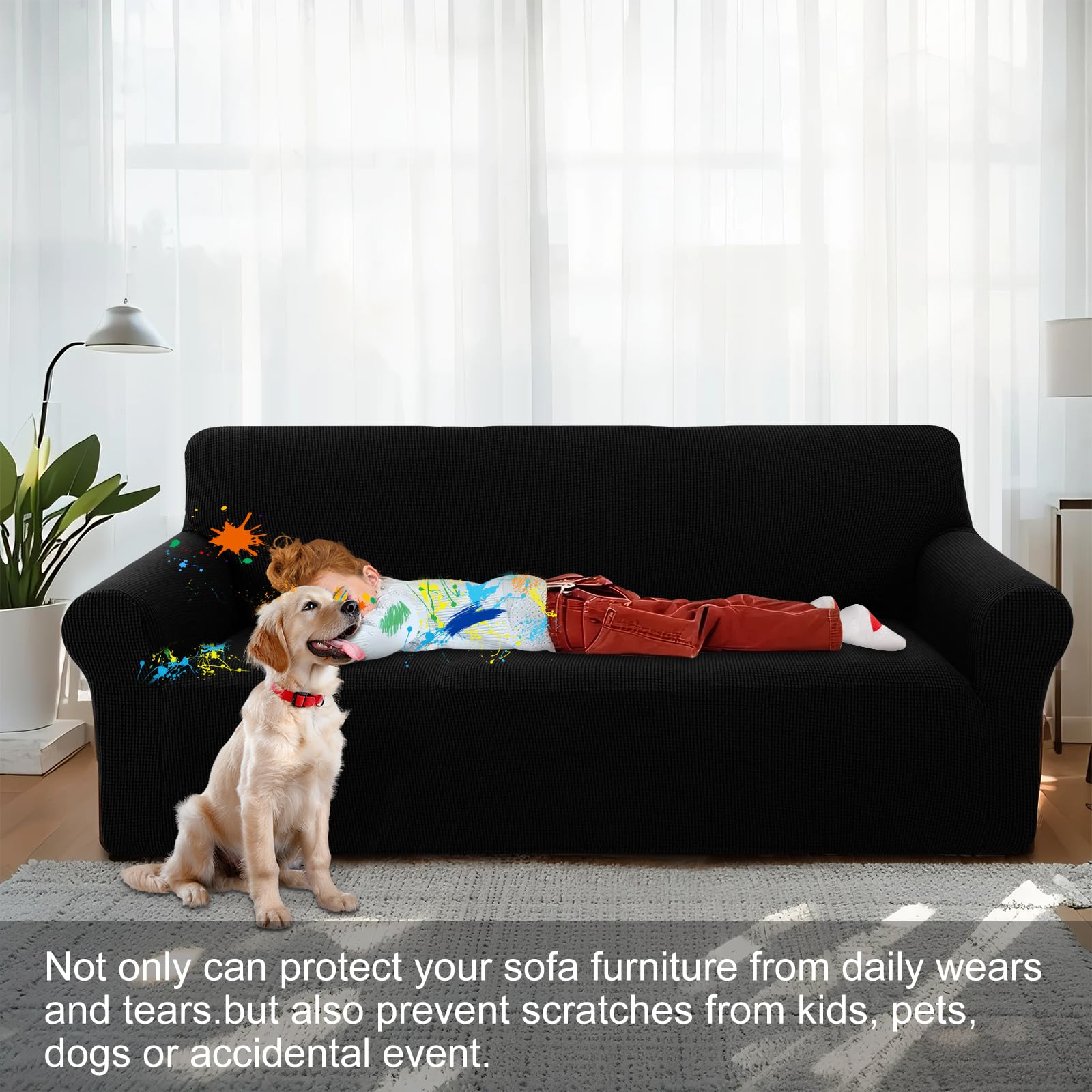 Stretch Sofaüberzug waschbar Rutschfester Möbelschutz mit elastischem Bund & Schaumstoff Kratzfester Sofabezug für Kinder,Hunde und Haustiere(XL Large/Black)