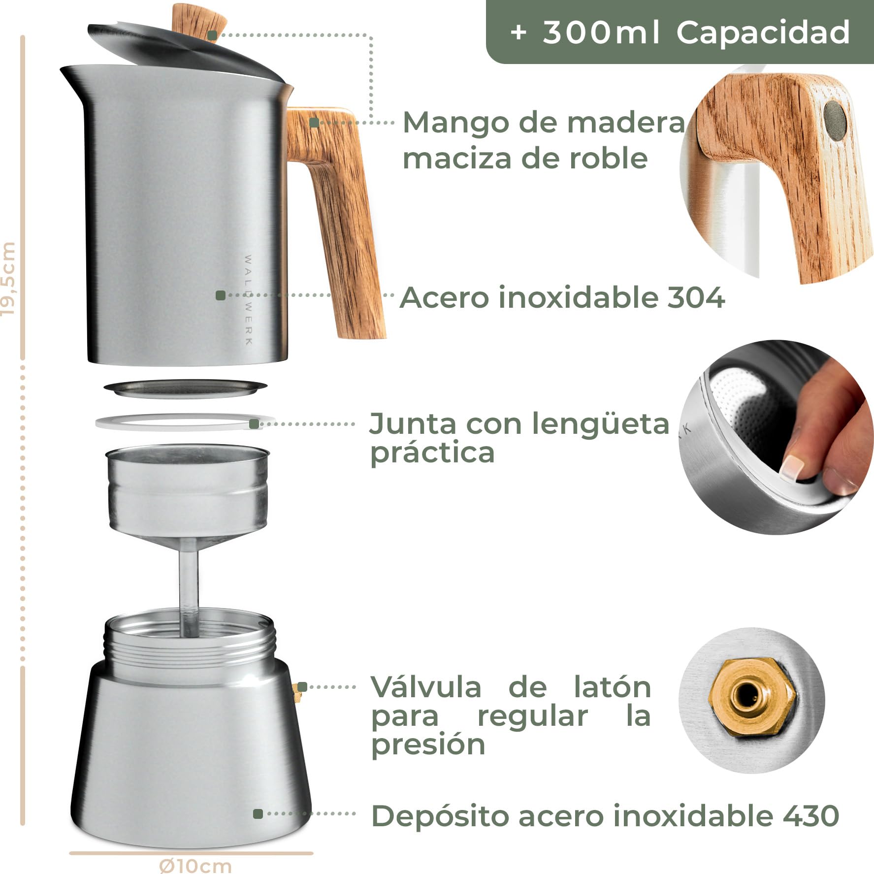 WALDWERK Cafetera italiana induccion (300 ml) – Cafetera italiana acero inoxidable todo tipo de cocinas – Cafetera induccion con mango de auténtica madera de roble