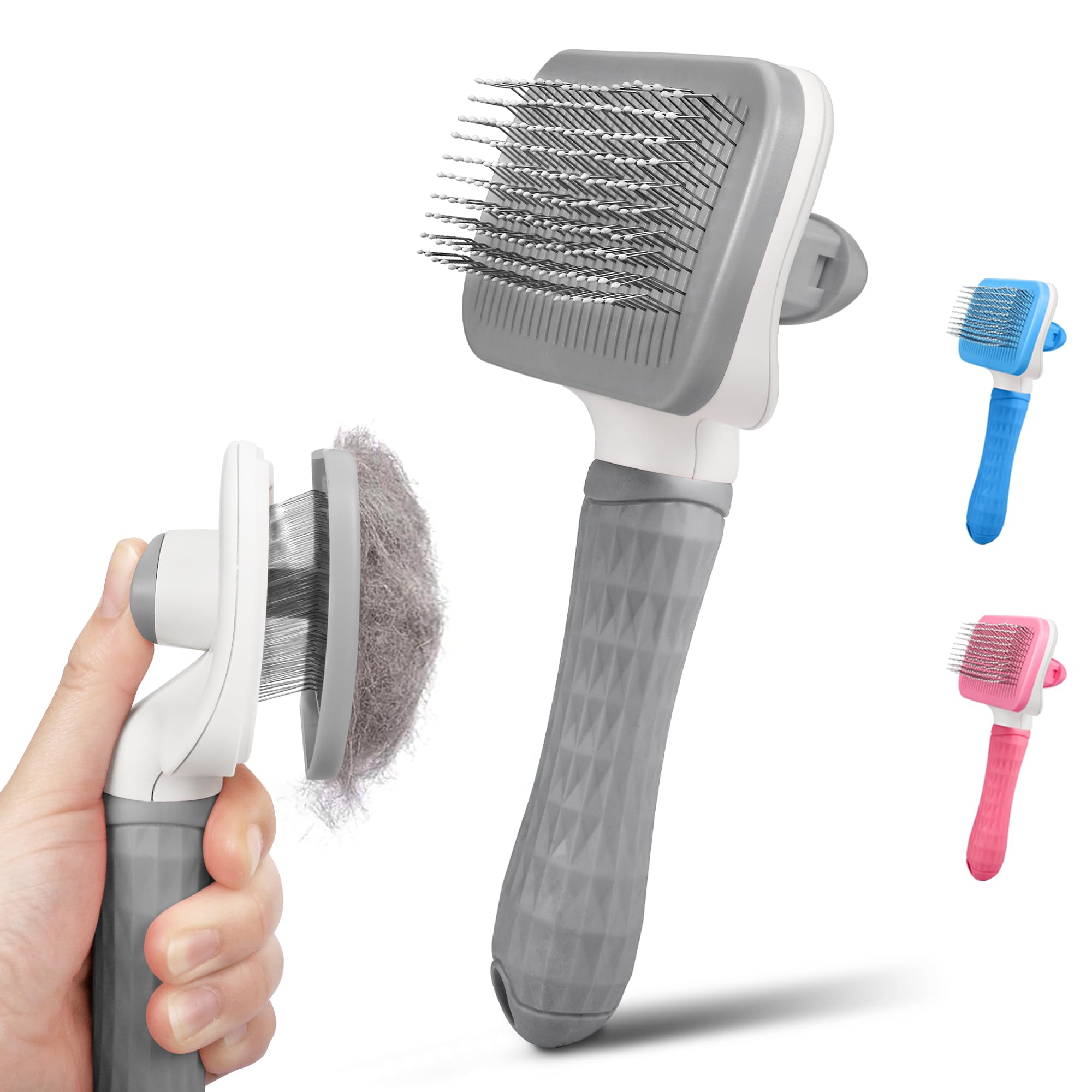 PWOD Dog & Cat Brush, Self Cleaning Slicker Brush for Pets, Upgraded Dog Brush for Shedding Massaging and Grooming, Removes Loose Undercoat & Portable Comb for Long Short Haired Dogs(Gray)