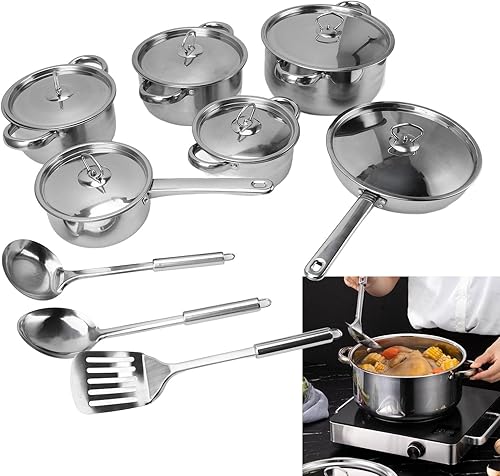 Topyond Juego de utensilios de cocina de acero inoxidable, ollas y sartenes de cocina con olla de sopa, sartén para saltear y tapas para cocinar en