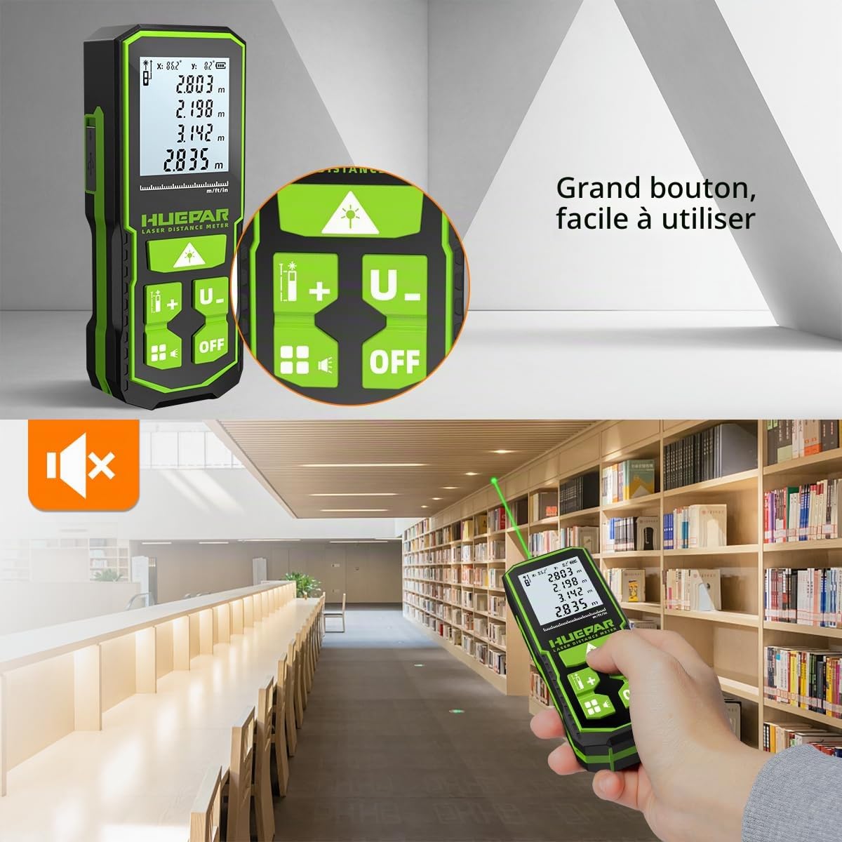 Télémètre Laser à Rayon Vert 60m, Huepar Digital Meter avec écran LCD, Batterie Rechargeable et Affichage à Deux Angles, Pythagore/Distance/Surface et Volume S60-G