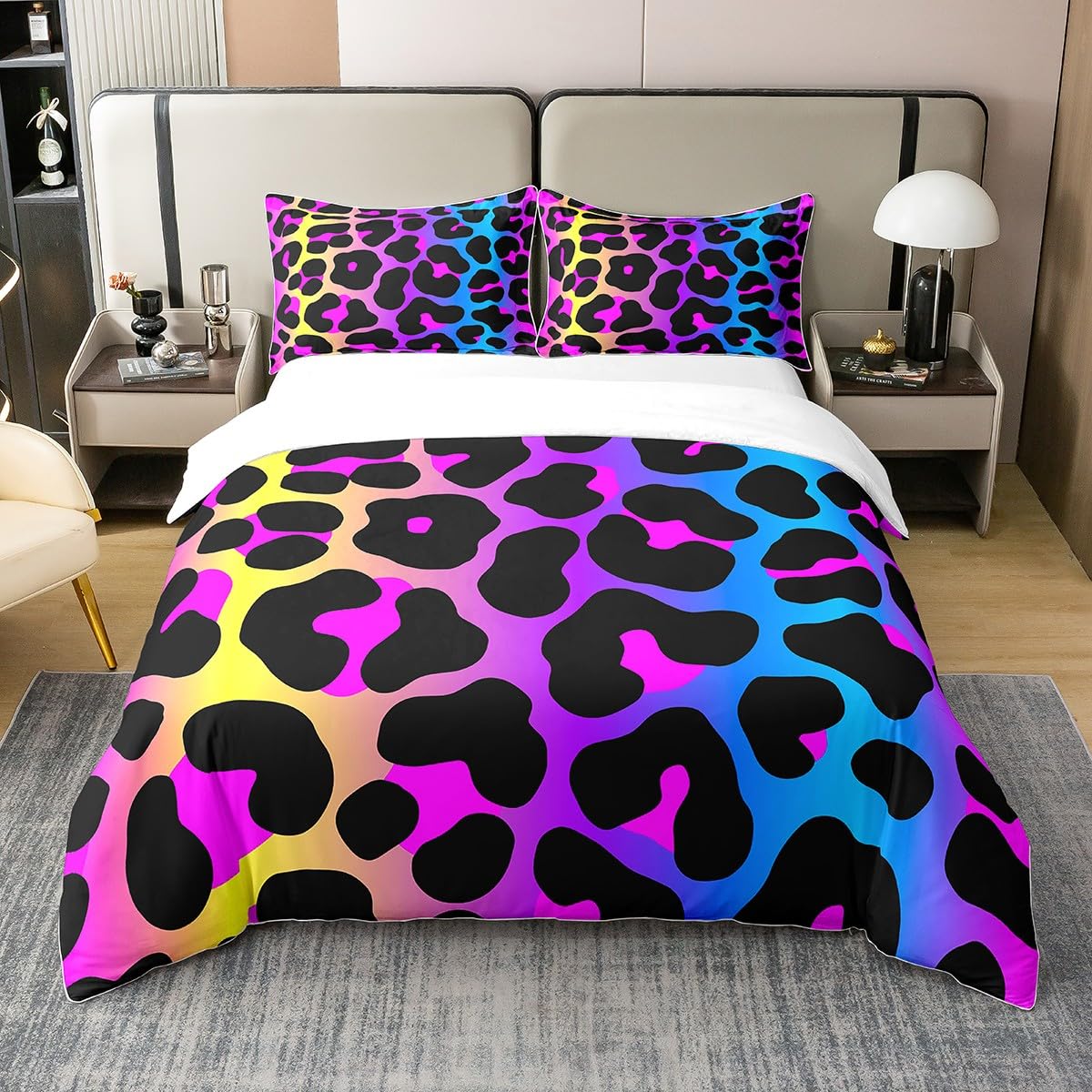 Loussiesd Leopard Druck 100% Baumwolle Bettwäsche Set 135x200cm für Mädchen Einfache Moderne Geparden Druck Betten Set Dekorative Abstrakte Kunst Bunte Bettbezug Set Schwarz Blau Lila Bettwäsche