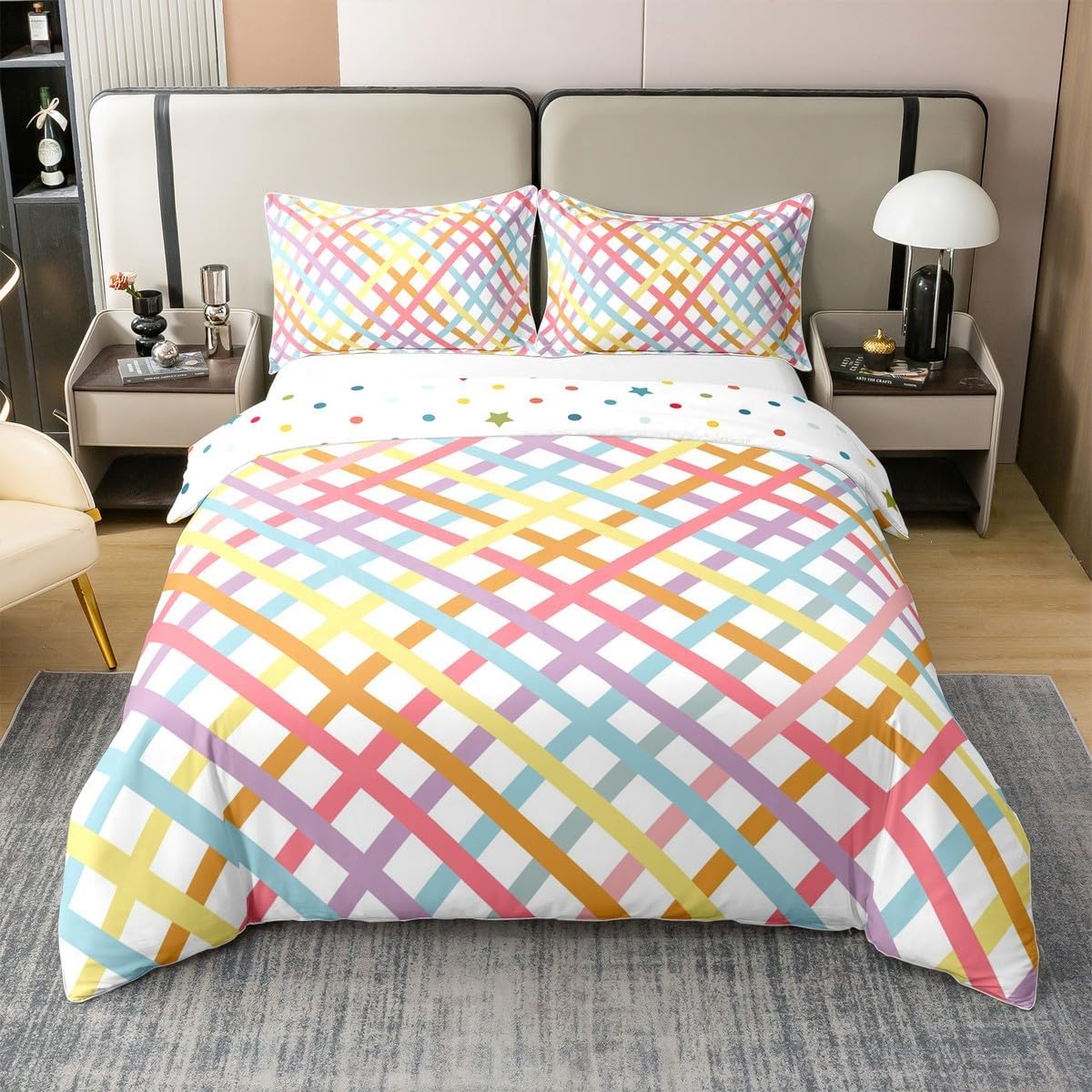 Colorful Lines 100% Cotton Duvet Cover Twin Size,Rainbow Striped Bedding Sets 2Pcs for Kids Girls Boys Women Room Decor,Geometric Plaid Comforter Cover Bohemian Style Quilt Cover,1 Pillowcase