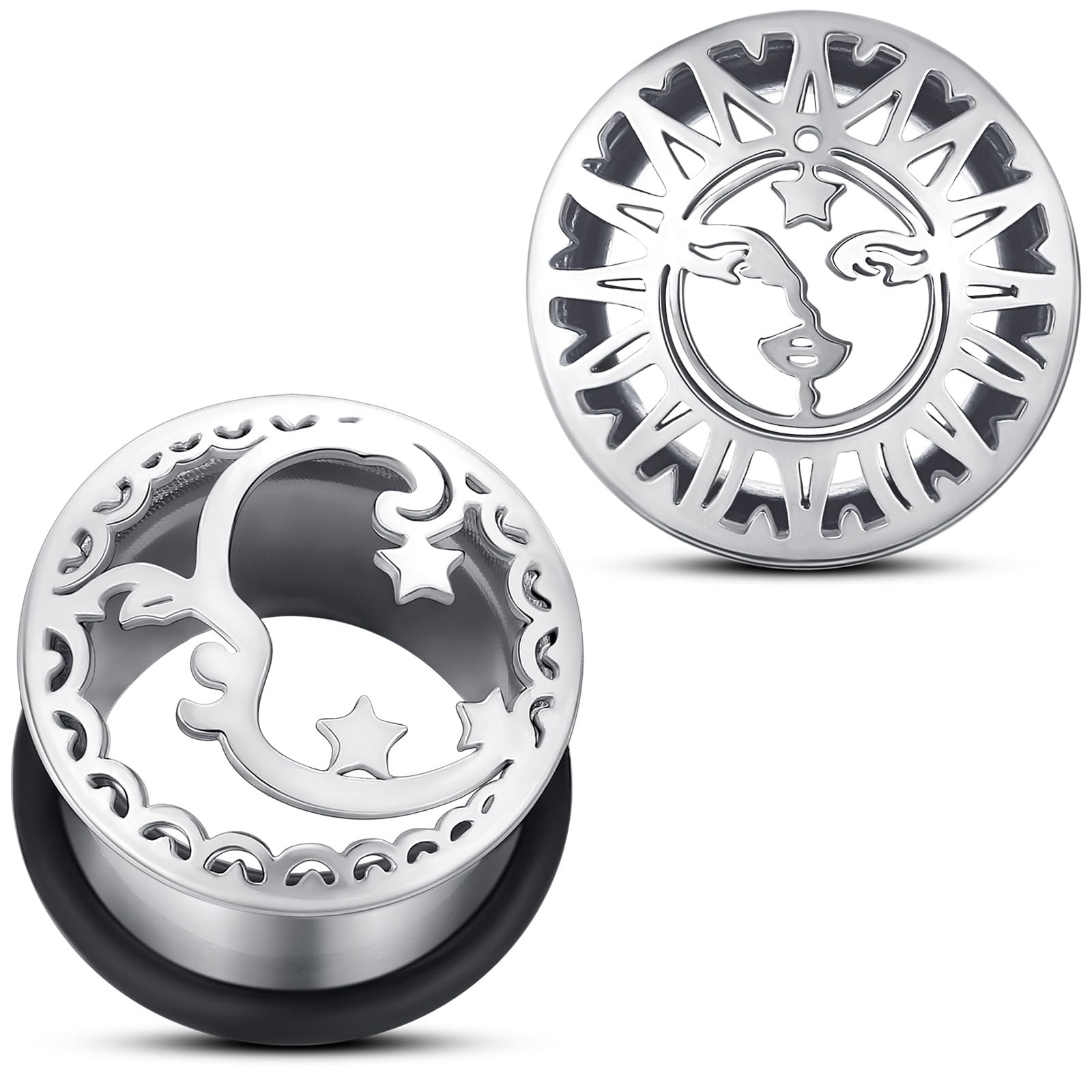 REELMAR 2Pcs Gauges for Ears Women Hollow Sun Moon Asymmetrical Plugs Tunnels Expanders Single Flared Saddle Stretching Gauge Stainless Steel Body