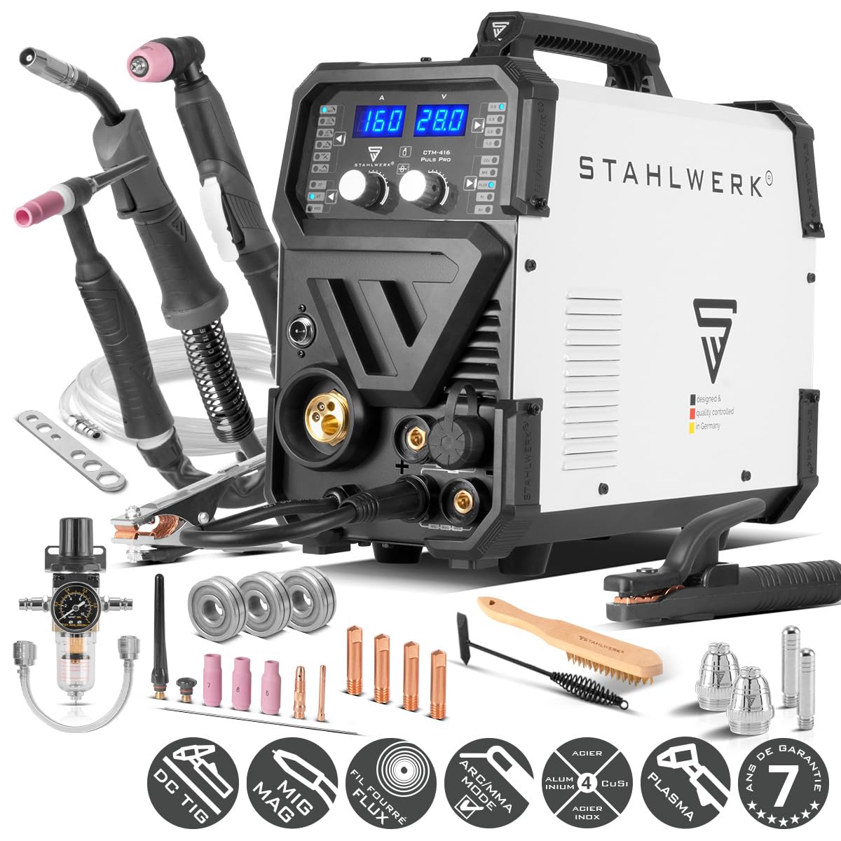 STAHLWERK Poste à souder combiné 6-en-1 CTM-416 Puls Pro – CUT, TIG, MIG/MAG, PULSE, MMA (ARC), FLUX jusqu'à 160 A, découpeur plasma jusqu'à 40 A, amorçage HF, fonction Pulse, dévidage de fil, LED