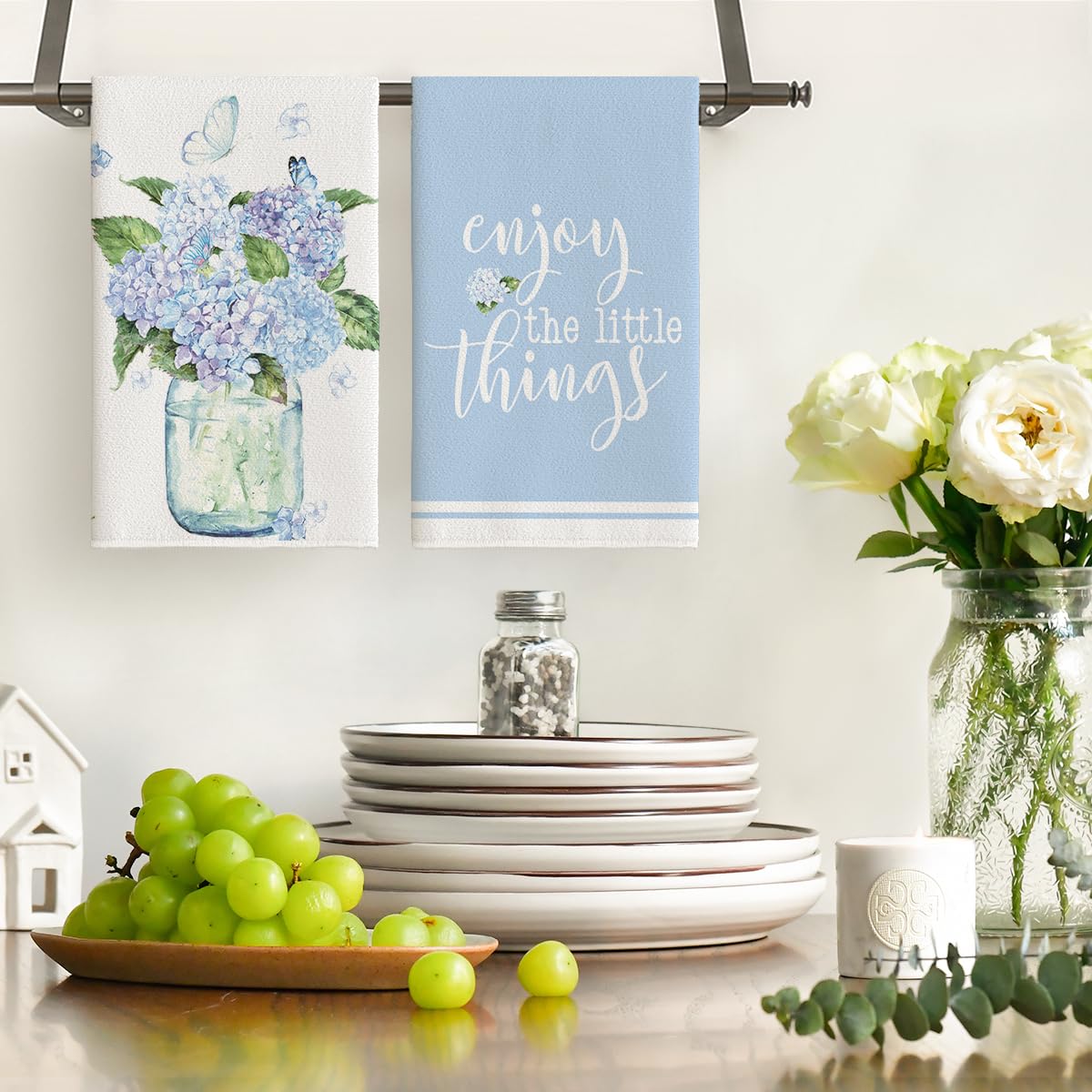 Artoid Mode Blue Hydrangea Motto Spring Kitchen Towels Dish Towels, 18x26 Inch Farmhouse Decoration Hand Towels Set of 4