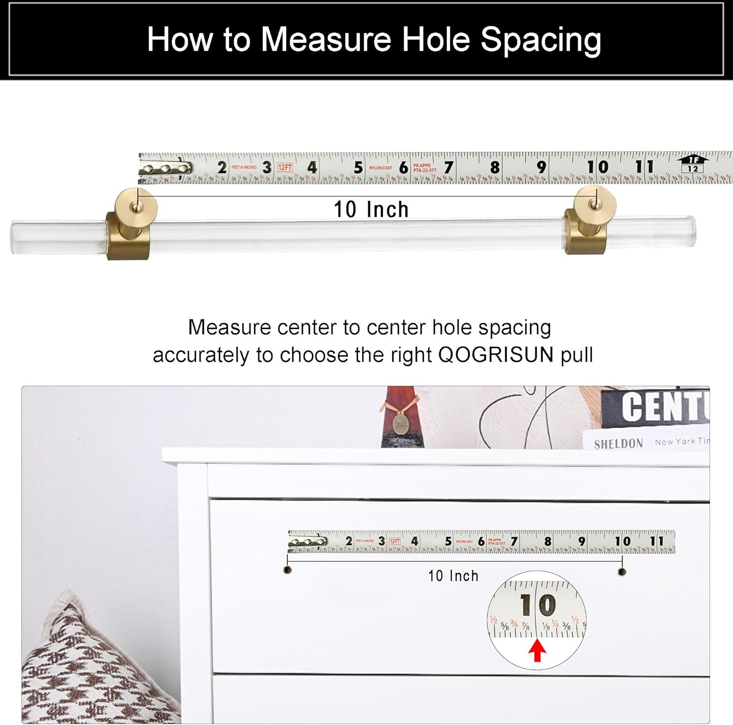 QOGRISUN 2-Pack Acrylic Cabinet Pulls with Brass Base, Gold Modern Drawer Handles, 10-inch Hole Center for Kitchen, Dresser Drawer Clear Glass Crystal Pulls, 12.8-inch Total Length