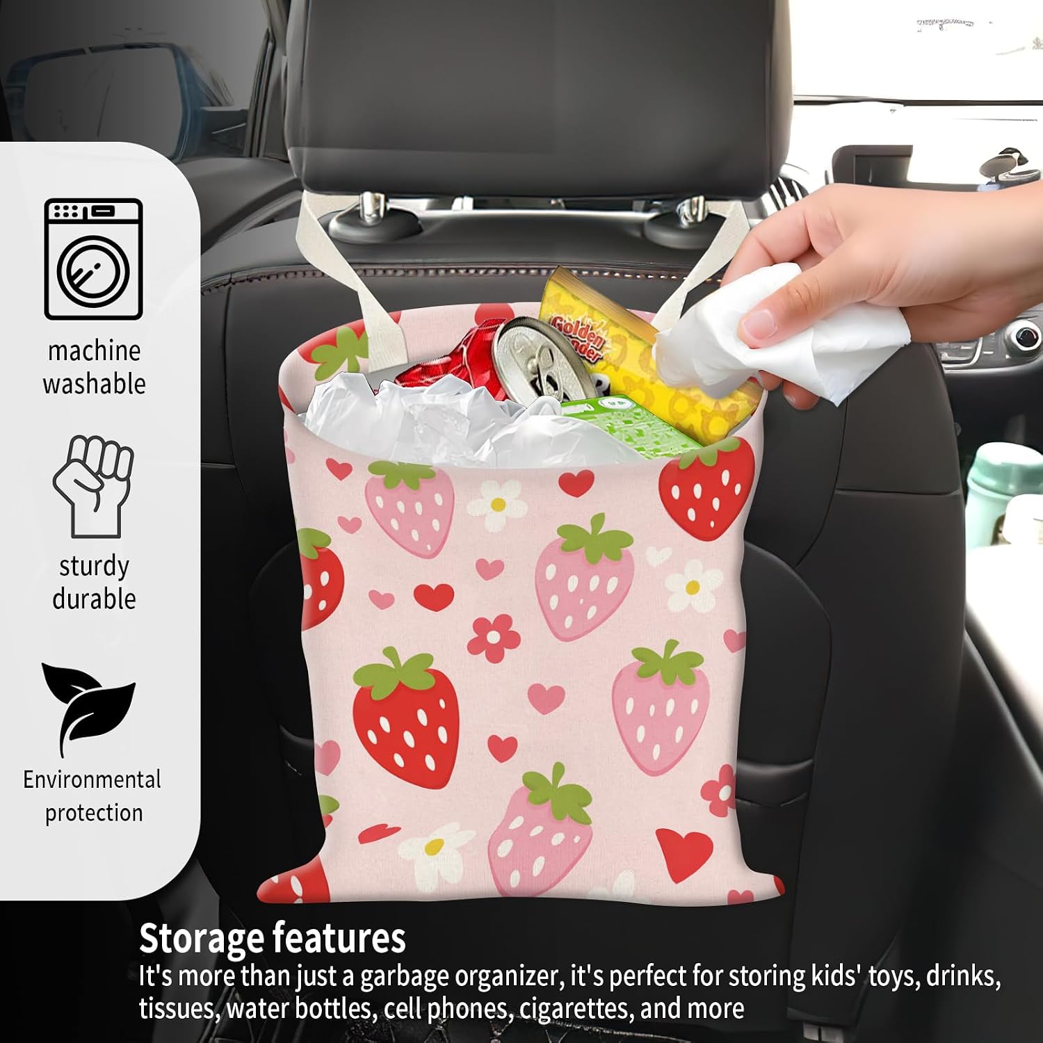 Car Garbage Can, Seat Back Hanging Cute Car Trash Can Bag, Car Organizer and Storage Bag for Travelling, Outdoor Cute Red Pink Strawberry
