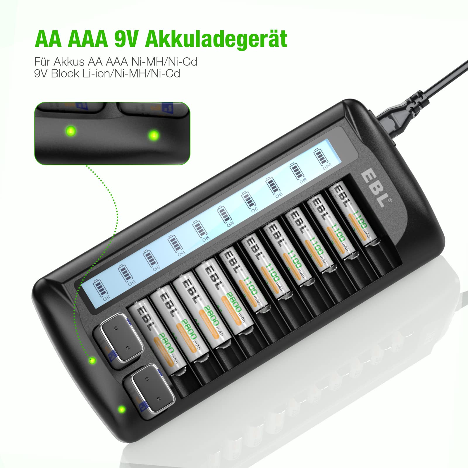 EBL 999 Universal Akkuladegerät für Batterie - AA AAA 9v Block Li-Ion/NiMH/NiCd, 12-Ladefach mit LCD Anzeige, Multi Batterieladegerät