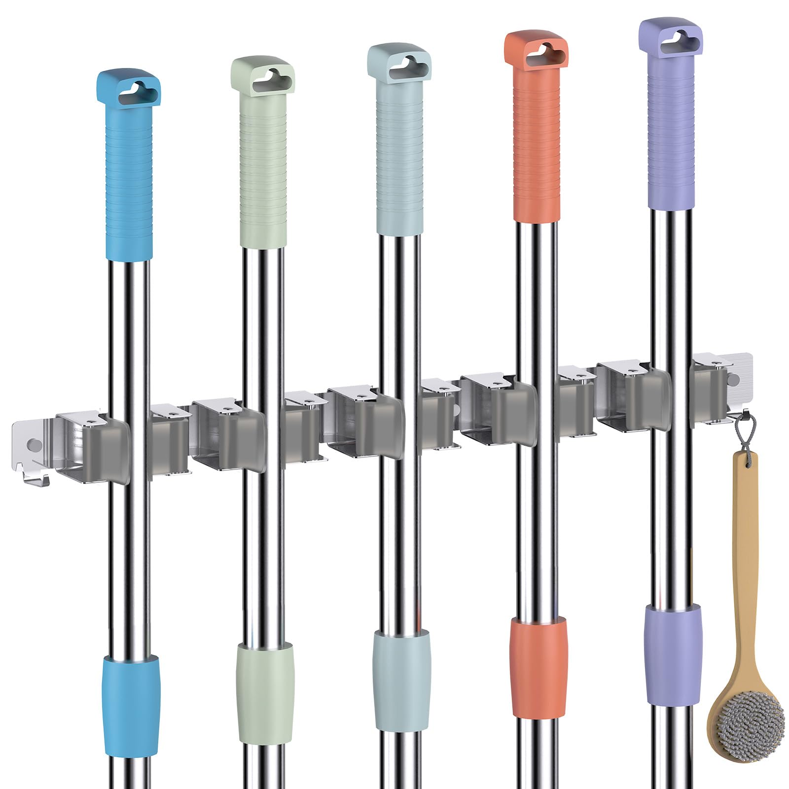 Oamwrae 5 Slot Broom Holder Wall Mounted with 2 Hooks, Stainless Steel Mop Holder
