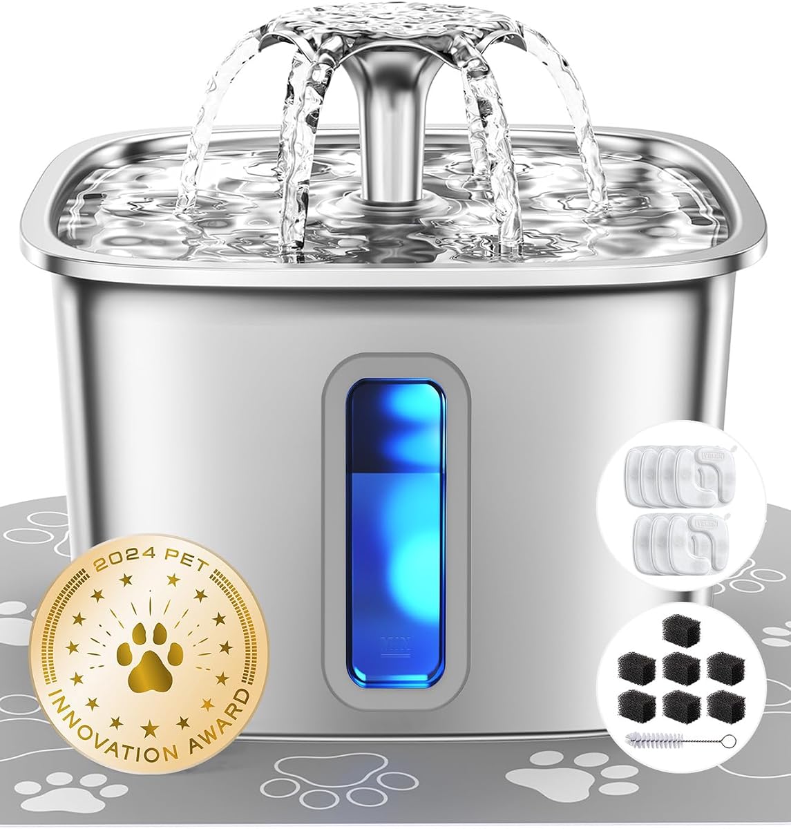 Veken Innovation Award Winner Stainless Steel Cat Water Fountain, 108oz/3.2L Pet Fountain with 7 Replacement Filters & 7 Pre-Filter Sponges & Silicone Mat, for Cats, Dogs (Silver)