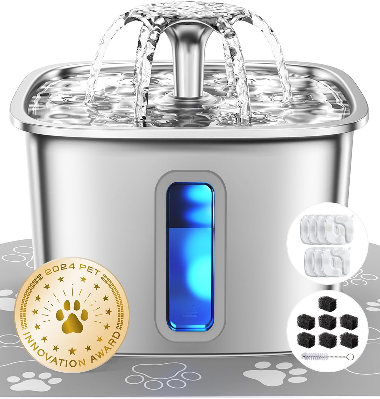 Veken Innovation Award Winner Stainless Steel Cat Water Fountain 3.2L/108oz | Automatic Pet Fountain Dog Indoor Bowl Dispenser with 7 Filters, 7 Sponges & Mat for Fresh Water, Tidy Floors; Quiet, Silver - Amazon product rated Grade A