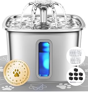 Veken Innovation Award Winner Stainless Steel Cat Water Fountain 3.2L/108oz | Automatic Pet Fountain Dog Indoor Bowl Dispenser with 7 Filters, 7 Sponges & Mat for Fresh Water, Tidy Floors; Quiet, Silver
