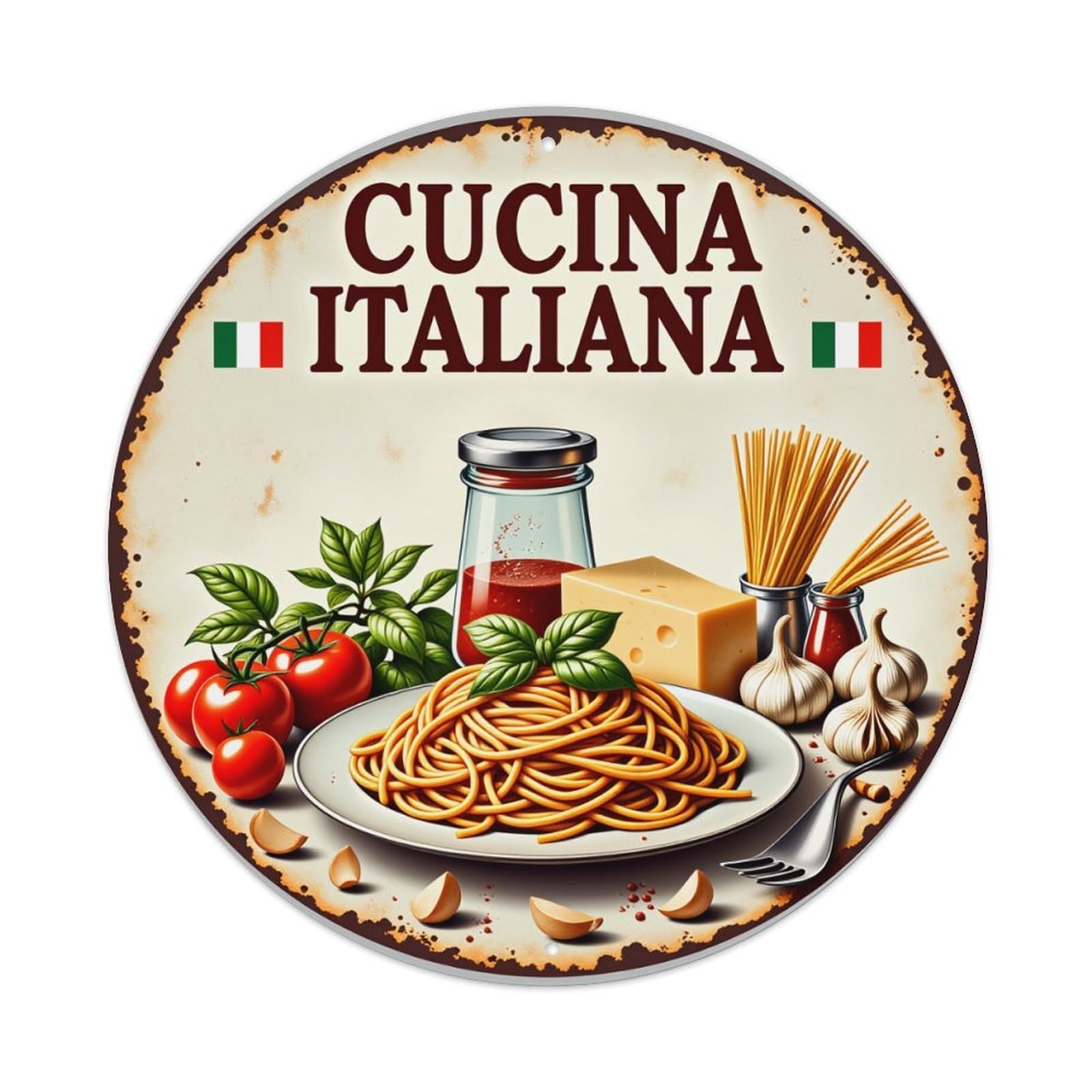Italian Cuisine Pasta Tomatoes Cheese Garlic Metal Tin Sign Vintage Garden Bedroom Cafe Bar Man Cave Home Wall Decor Metal Poster 8x8 inches