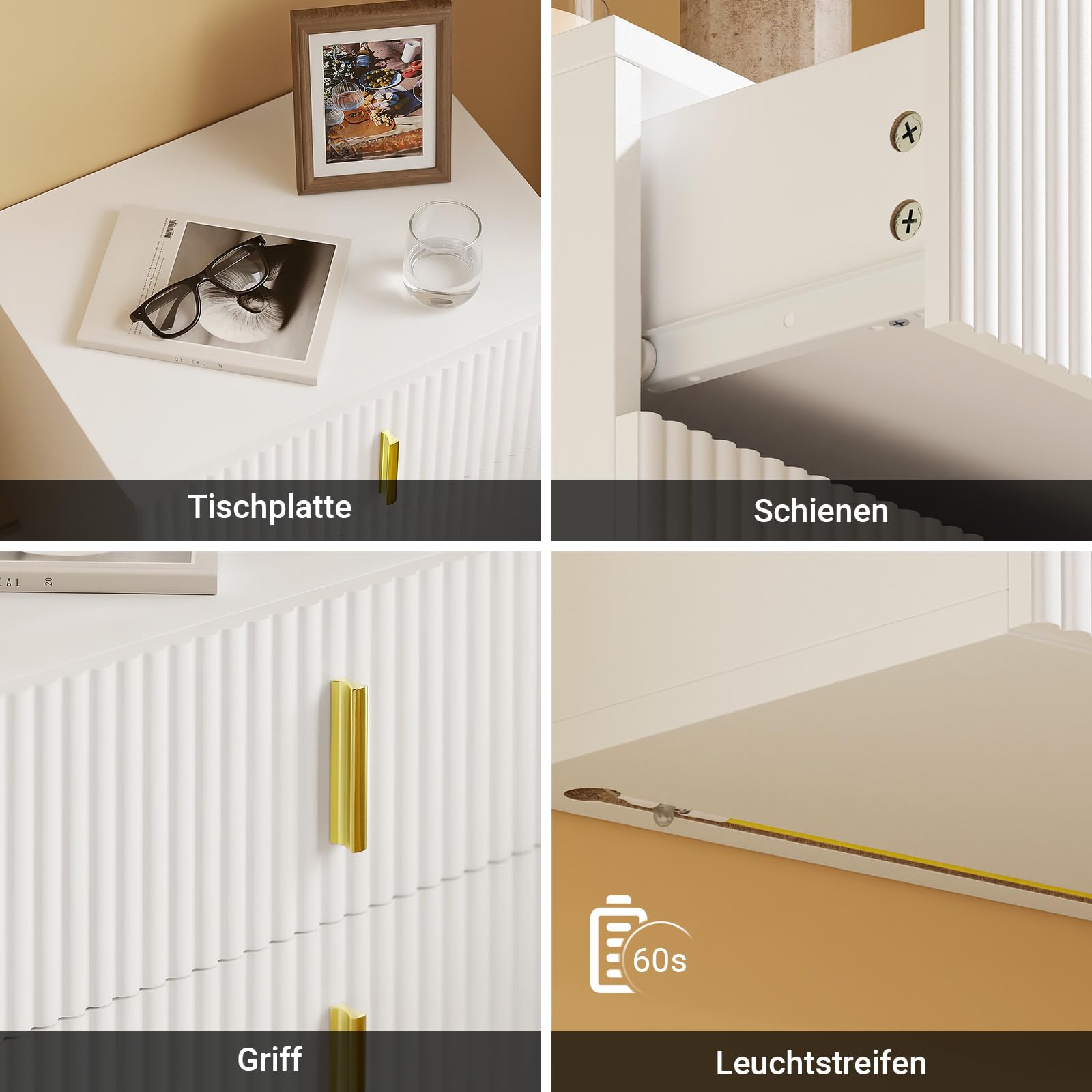 SoBuy Schwebender Nachttisch mit LED-Sensorleuchte, 2 Schubladen 40x30x30cm | Wandregal mit Wellenförmige schubladenfront und Goldgriff, PB+MDF, bis 18 kg, für Schlafzimmer Wohnzimmer Flur, FBT177-E-W