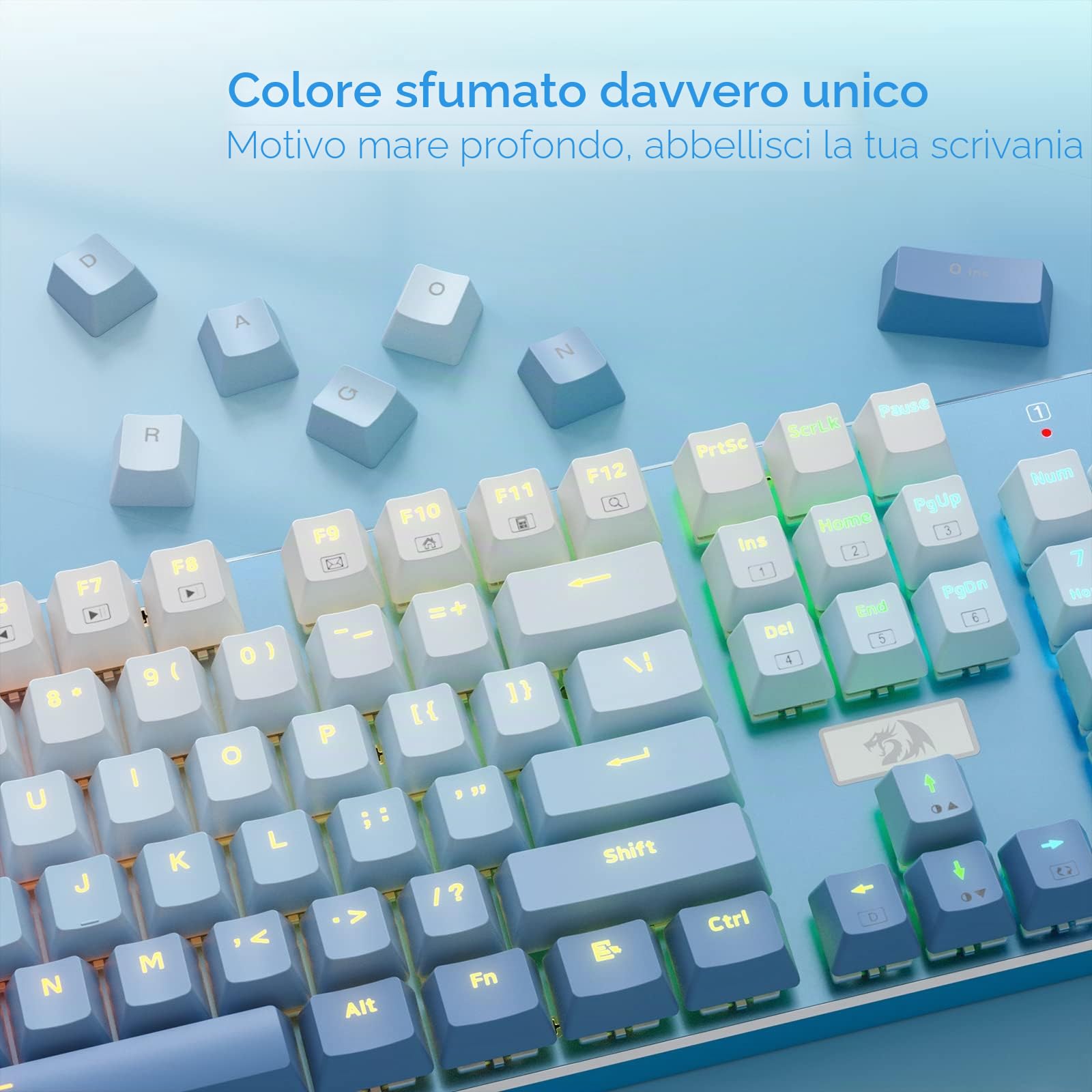 Redragon K556 SE Tastiera Meccanica Cablata Base Alluminio Blu US | Interruttore lineare silenzioso scambiabile, base alluminio, finitura blu sfumato, RGB, layout US