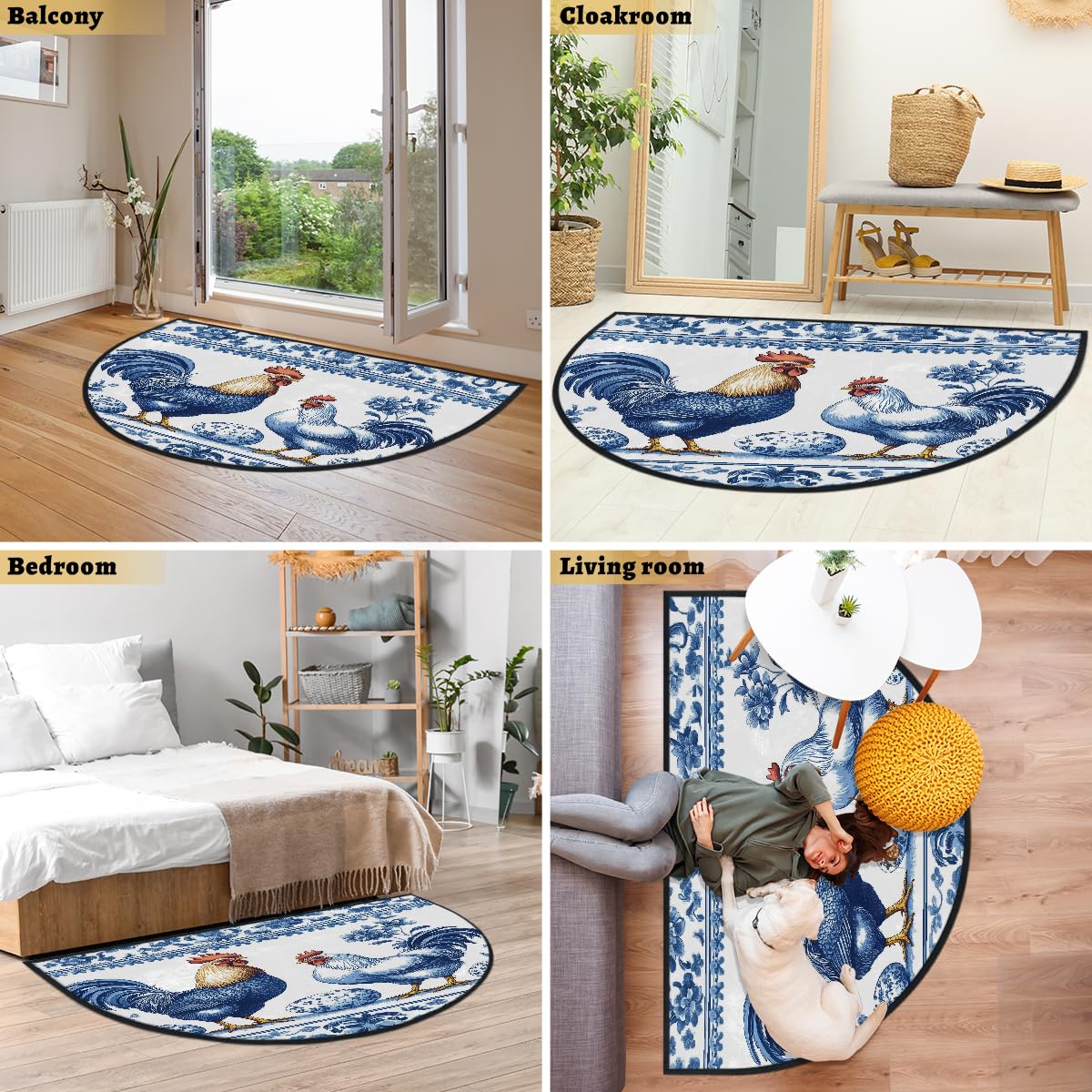 Mexpekil Paillasson demi-rond antidérapant lavable en demi-lune avec motif coq, poule et motif floral bleu, 100 x 160 cm