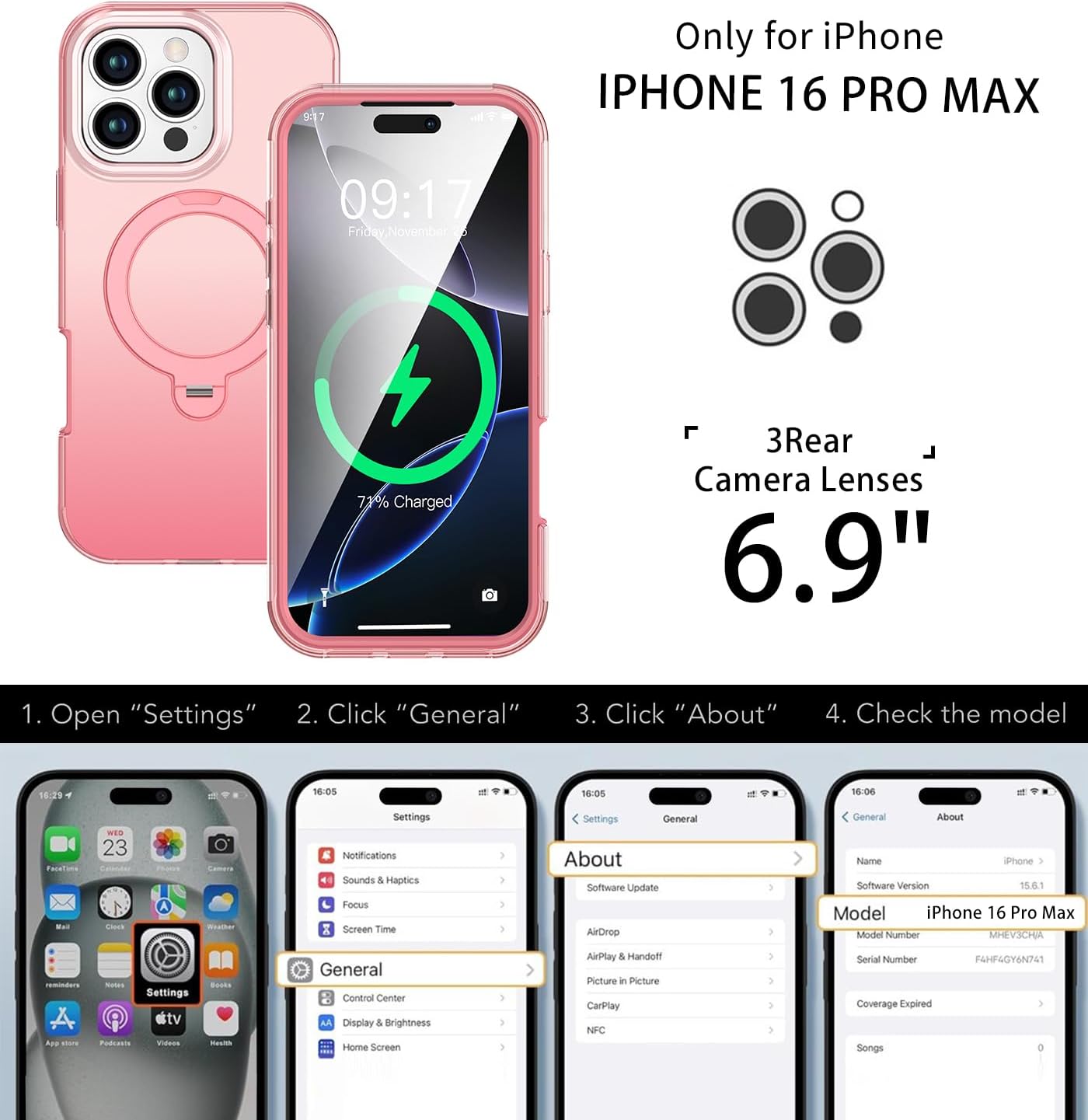 Privacy Case for iPhone 16 Pro Max with 360° Spin Magnetic Stand Pink