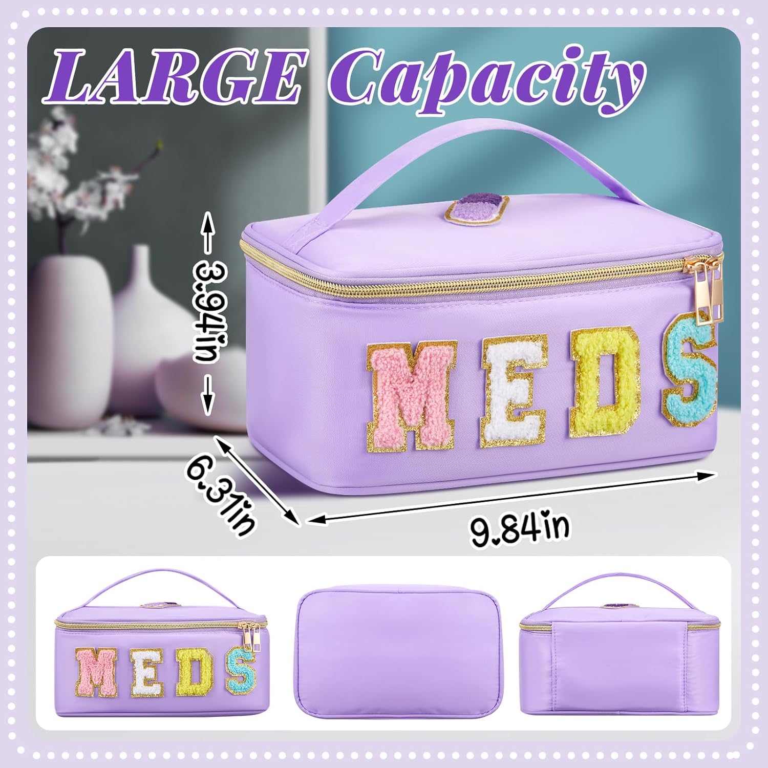 Geetery Clear Makeup Bag Chenille Letter Meds Bag Travel Cases Preppy Patch with Zipper, Portable Cosmetic Toiletry Storage case for Women(Meds,Purple) - Image 2