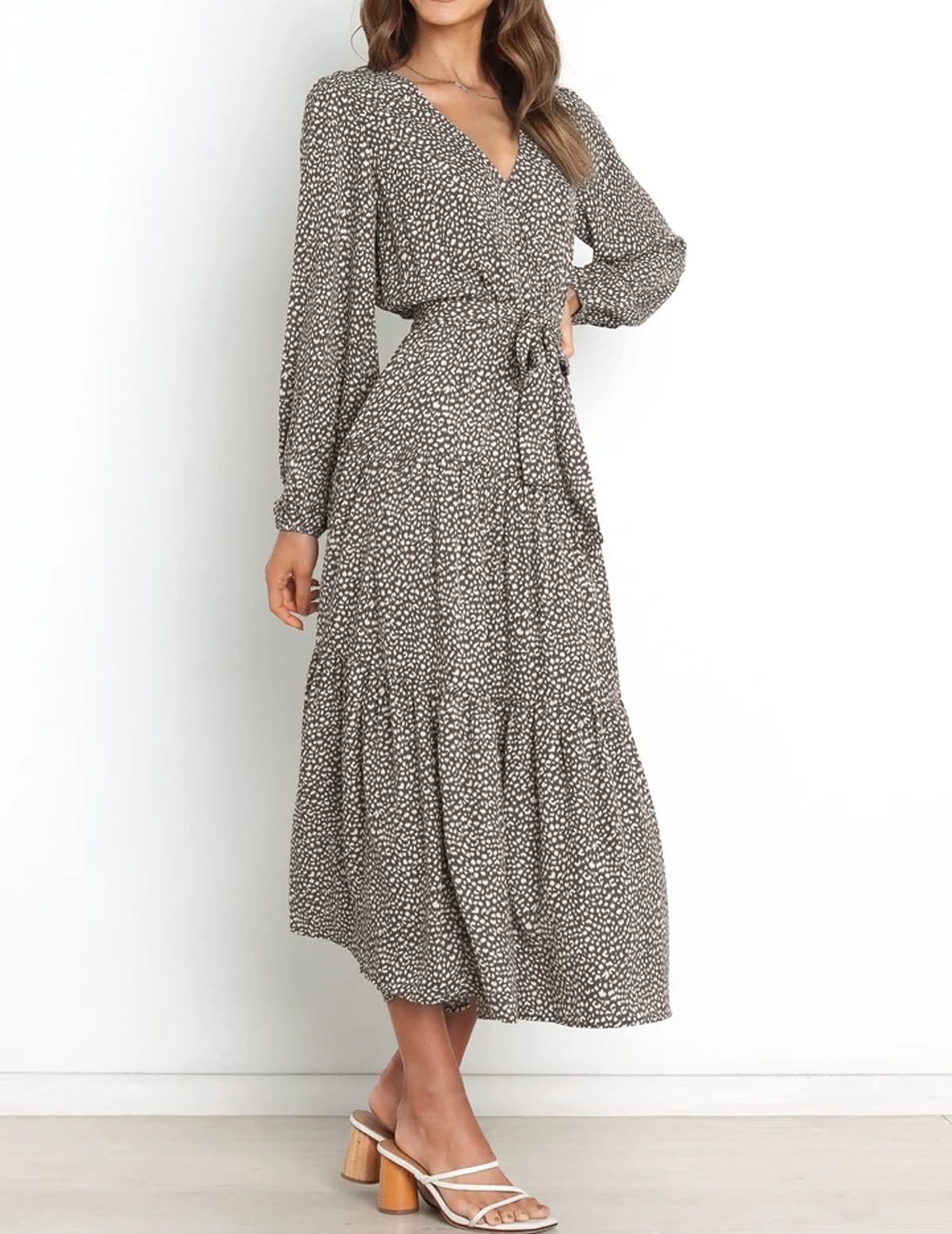 R.Vivimos Women's Fall Long Sleeve Casual Dresses Wrap V Neck Polka Dots Tiered Ruffle Flowy Midi Dress with Belt