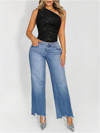 GORGLITTER Women's Sequin Glitter Sparkly One Shoulder Rhinestone Bodysuit