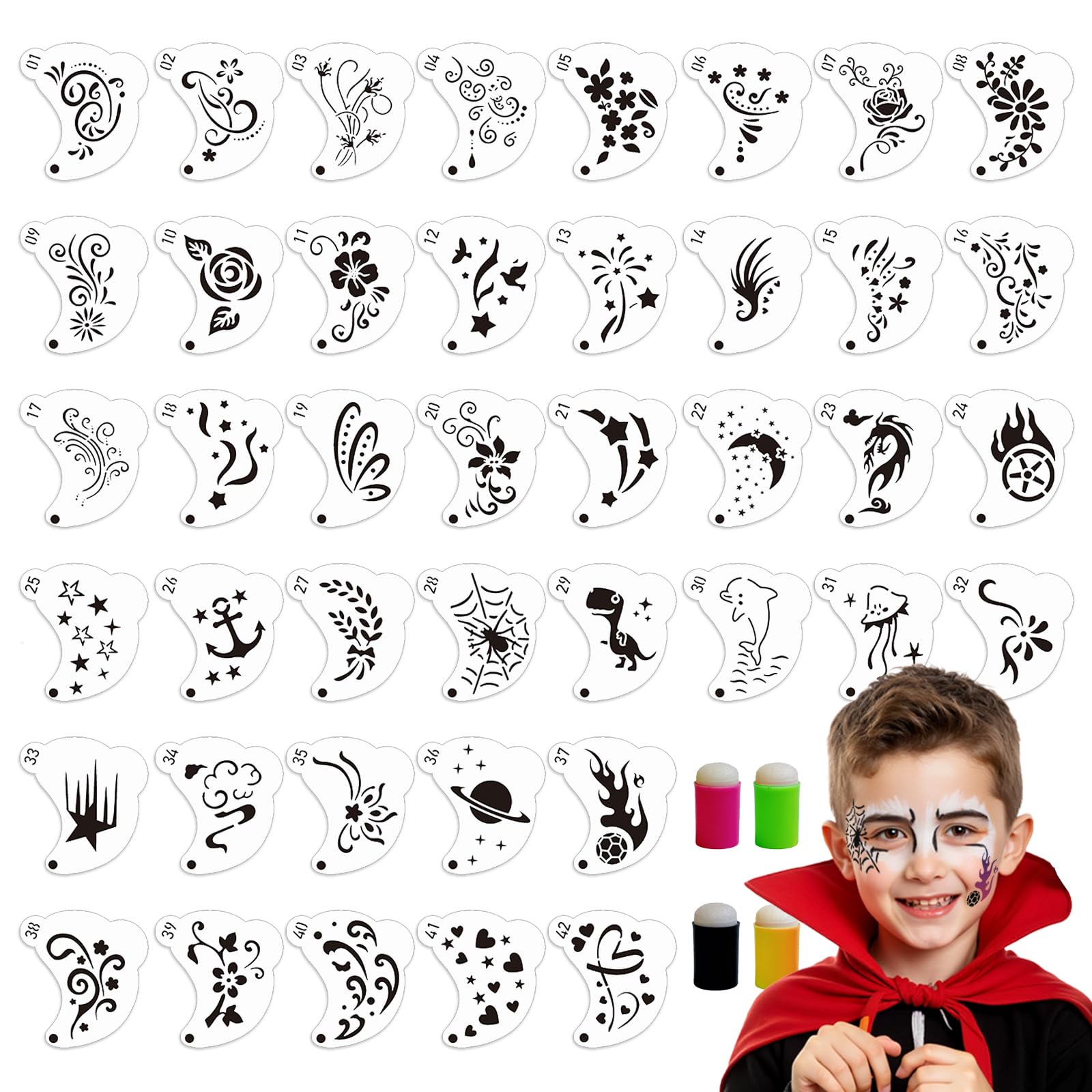 EAPIKON 42 Pcs Face Paint Stencils Kit, Reusable Eyes Painting Stencils with 4 Finger Sponge Daubers, Body Tattoo Painting Templates for Kids Holiday Party Halloween Makeup Festival DIY Art