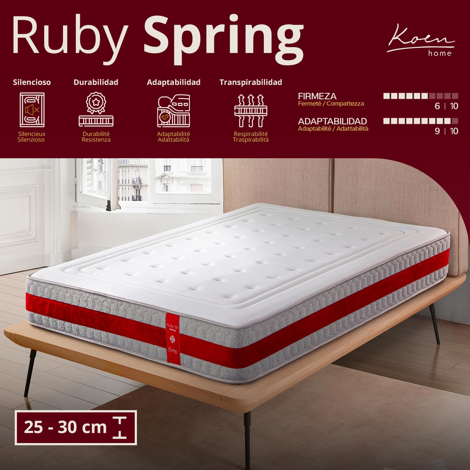 Koen Home Colchón de muelles ensacados 150x190 cm Ruby Spring - Altura +/- 25 cm - Firmeza Media - Espuma Viscoelástica - Adaptabilidad Excelente - Tacto Suave y Sedoso