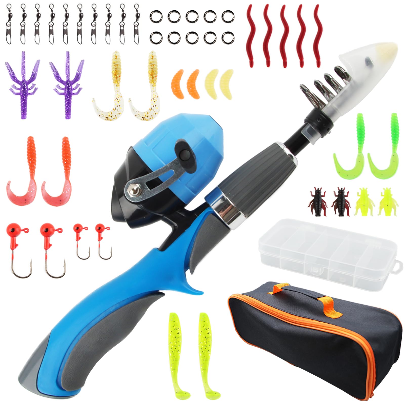 dellyy Cañas de Pescar, Juego de Pesca para Niños, Carretes de Pesca + Caña de Pescar Telescópica, Señuelos de Pesca y Accesorios, Caña de Pescar para Viaje, con Bolsa para Equipo de Pesca
