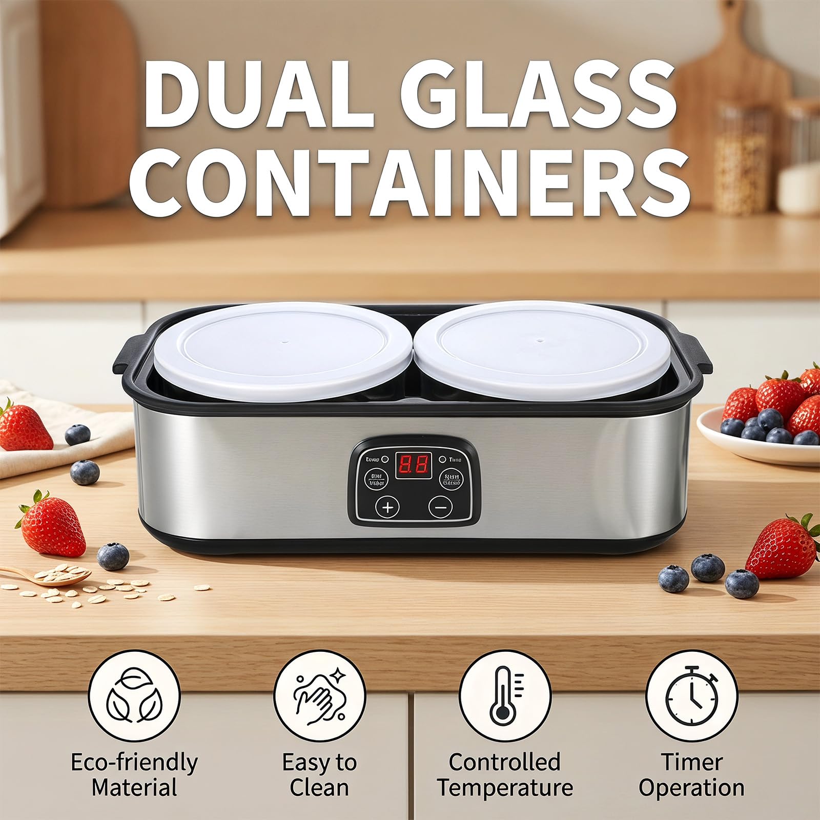 Macchina automatica per yogurt, 2 l, digitale, con 2 bicchieri, marmellata, gelato e budino, yogurt, per yogurt greco, formaggio, natto, vino di riso