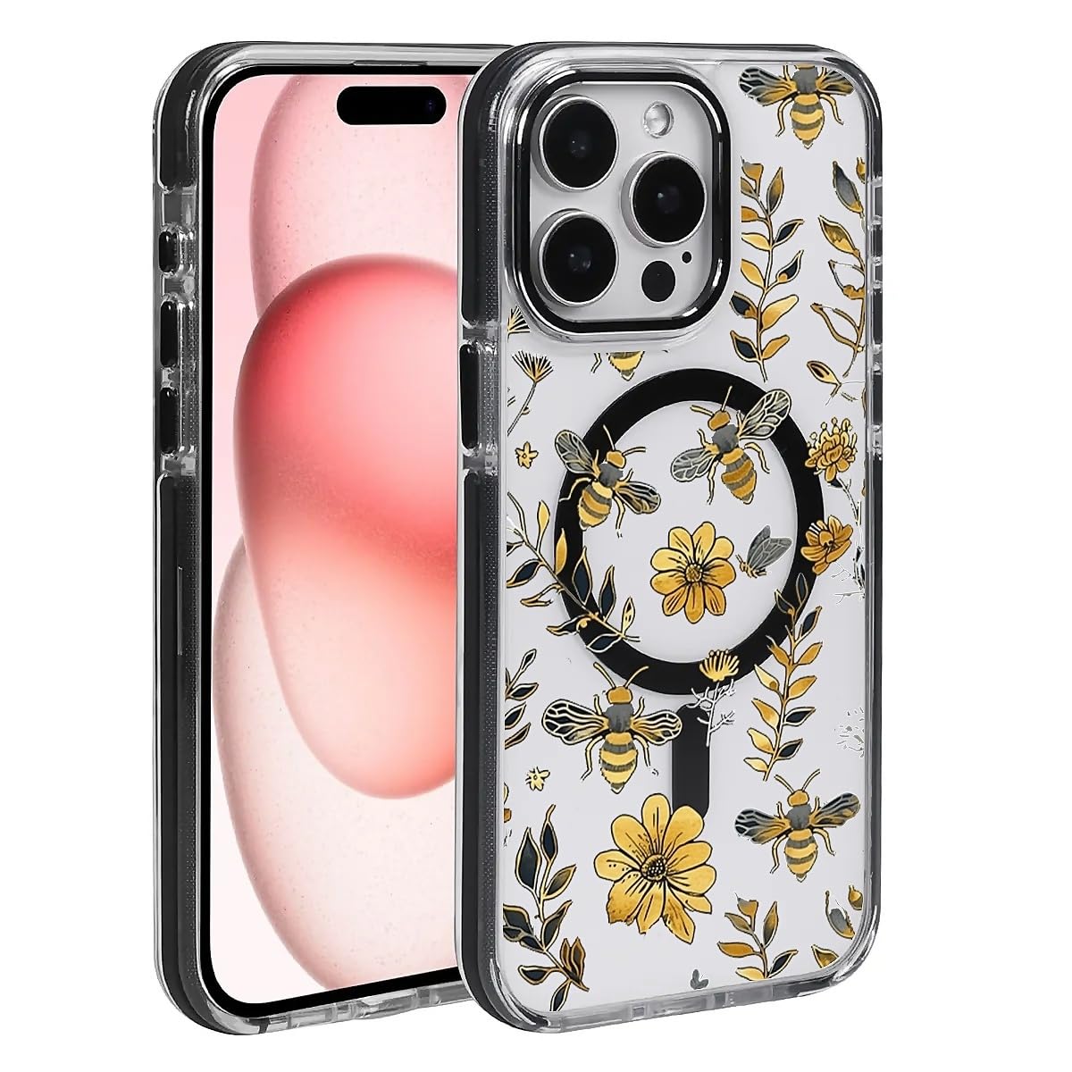 Goodsprout for iPhone 14 Pro Compatible with MagSafe Case, Clear with Vintage Yellow Bee Floral Pattern Shockproof Glossy Magnetic Protective Phone