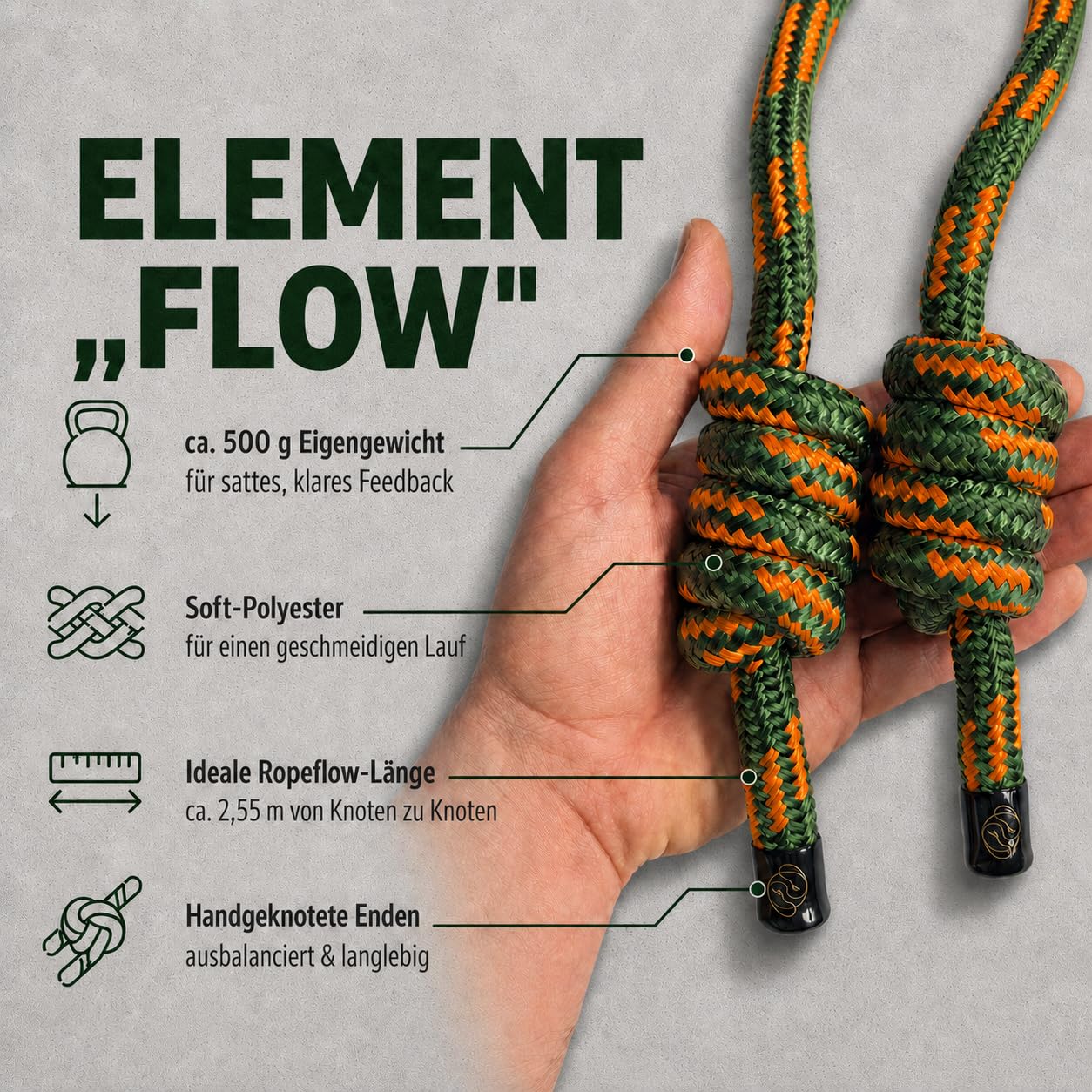Ropii Rope Flow Seil | gewichtetes Flow Rope aus Soft-Polyester für Mobility, Koordination | handgeknotet | 3 Gewichte: ca. 380 g, 500 g, 1 kg | Designed in Berlin