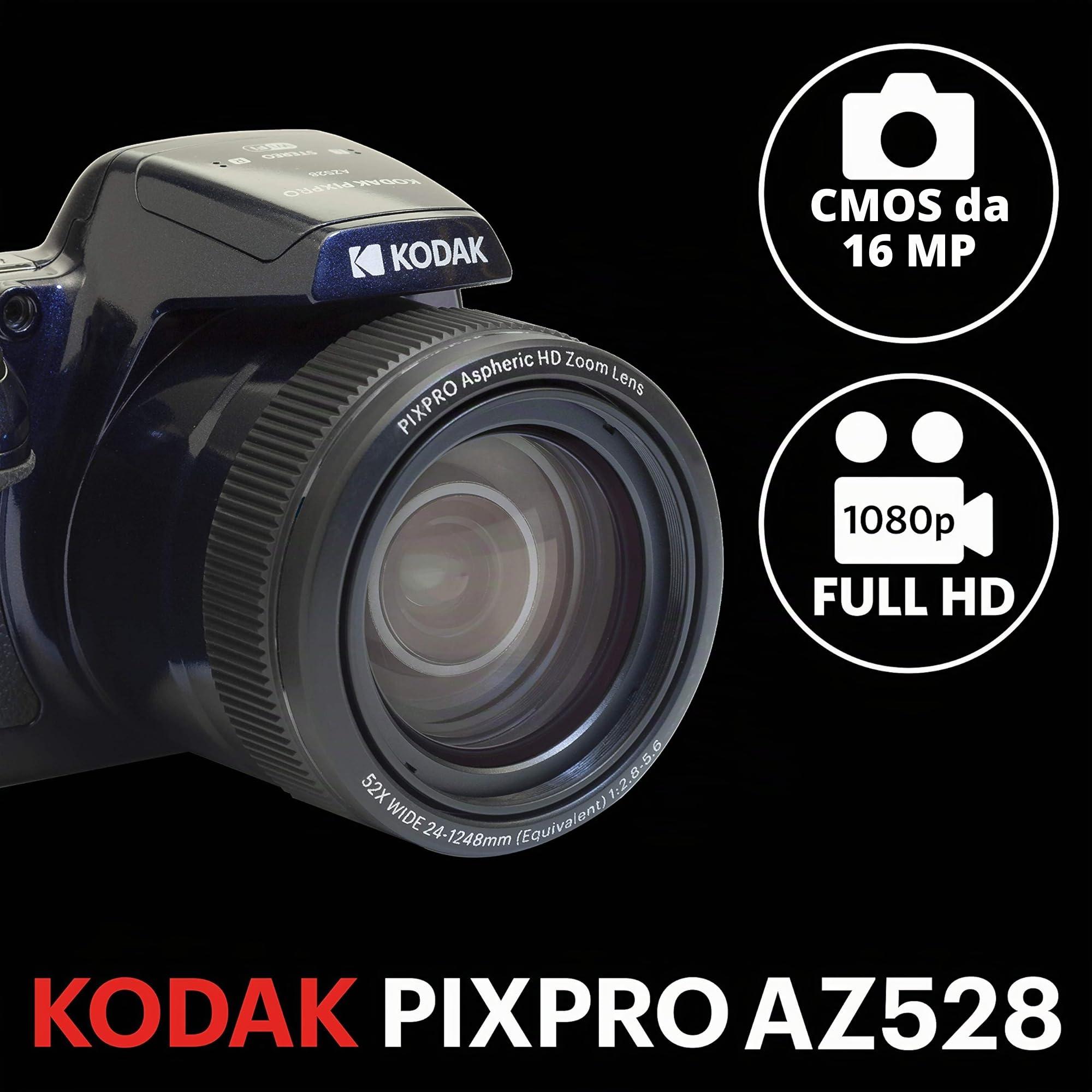 KODAK Pixpro AZ528 - Fotocamera Bridge Digitale 16 Mpixel, Zoom ottico x52, Stabilizzatore Ottico, Schermo LCD da 3 pollici, Video Full HD 1080p, Batteria agli ioni di litio - Blu Notte