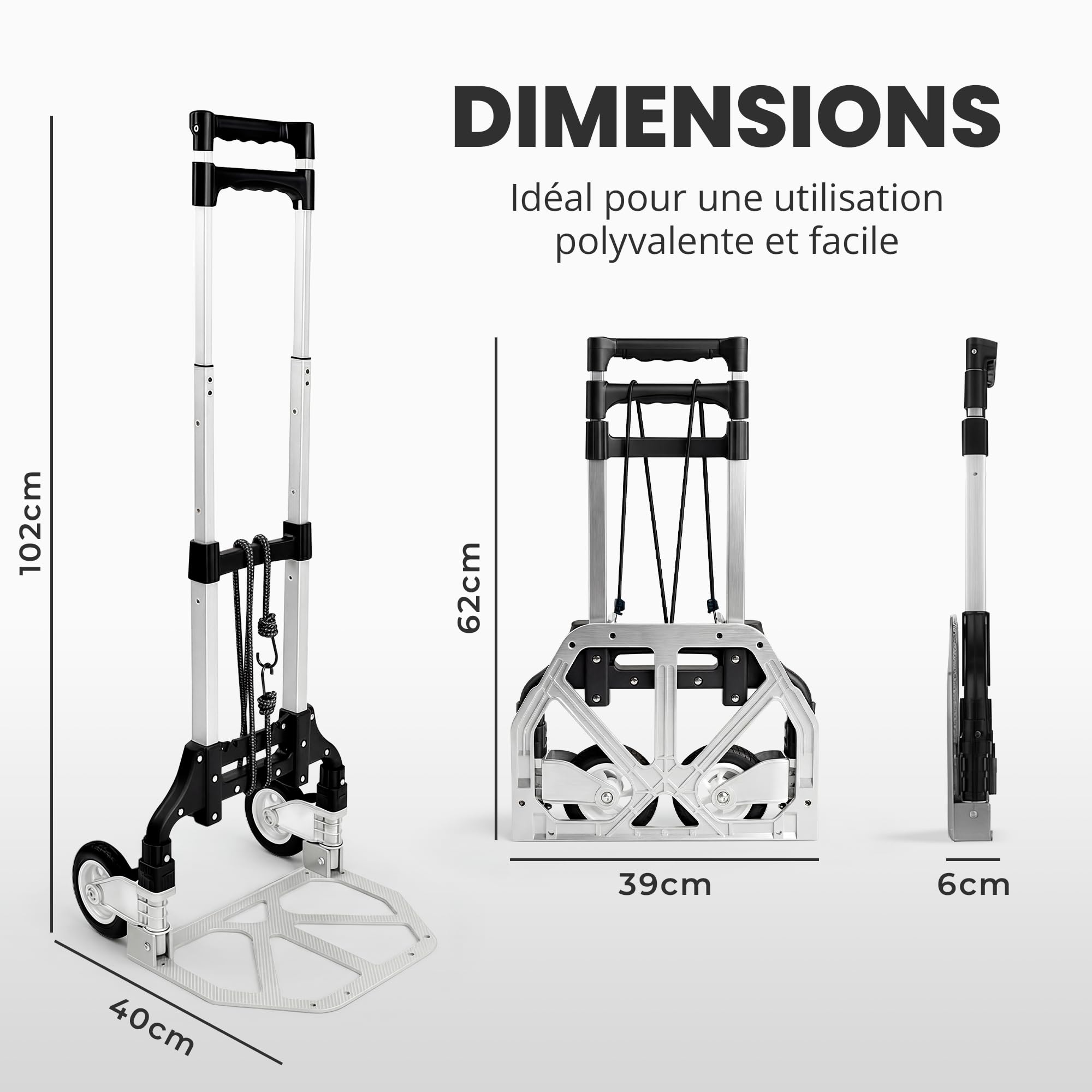 JUPPLIES Diable Pliable en Aluminium + Corde - Chariot de Transport 100x40 cm Max 75 kg avec Roues Silencieuses et Poignée Télescopique - Mini Diable Compact pour la Maison, Le Bureau ou Les Voyages