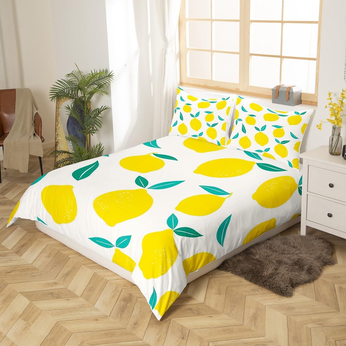 Feelyou Lemon Duvet Cover Kids Tropical Fruit Print Bedding Set for Girls Boys Teens Cute Bright Yellow Lemon Comforter Cover Ultra Soft Summer Decor Bedspread Cover Full Size Zipper