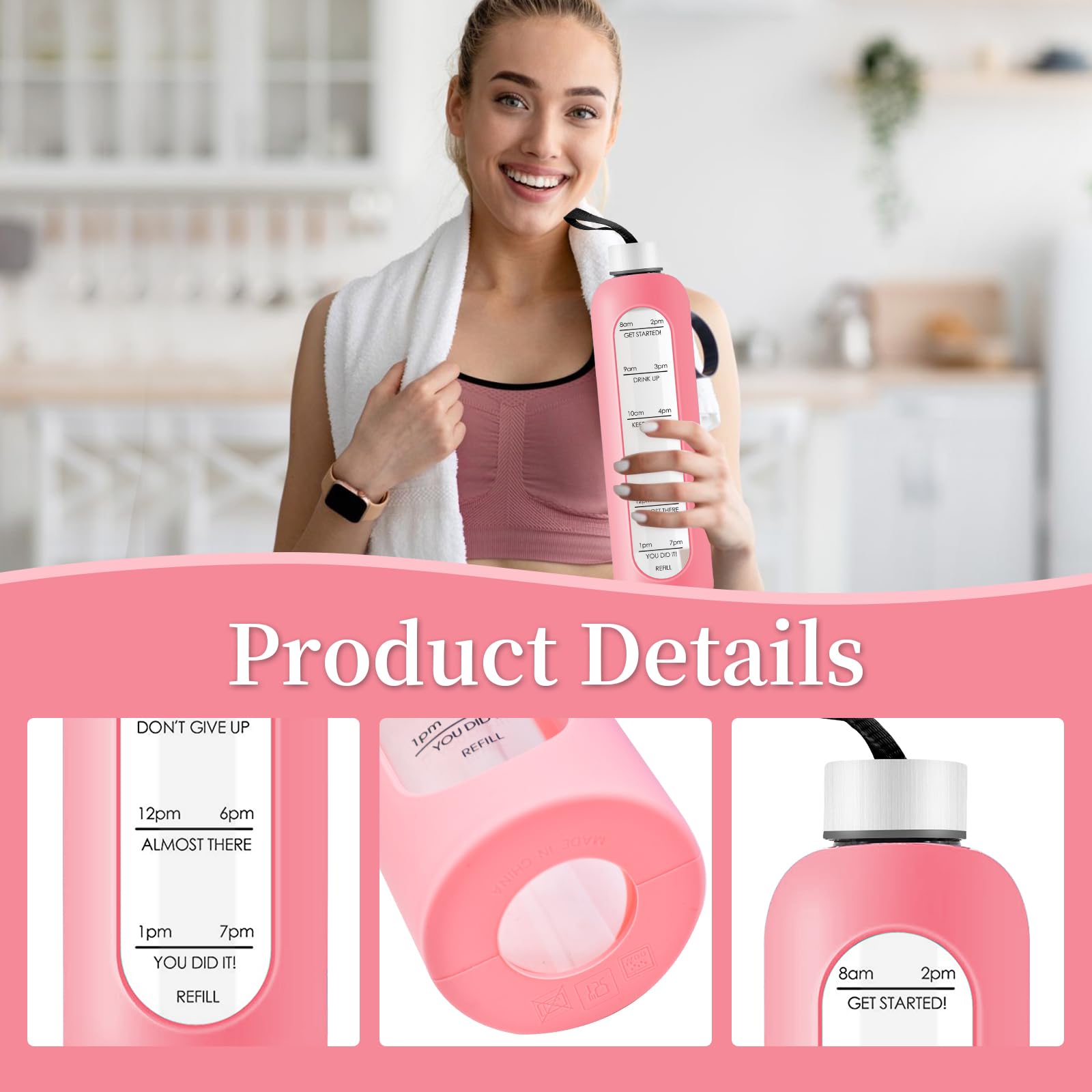 Borraccia In Vetro Da 1 Litro Con Coperchio Acciaio Inox E Custodia Silicone - Indicatore Orario, Senza BPA, Per Fitness E Palestra - 2