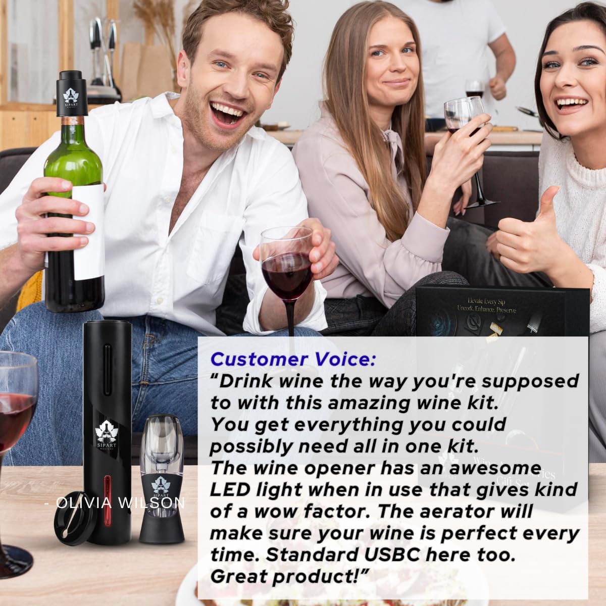 SipArt Electric Wine Gift Set with Gift Box - 5-in-1 Premium Wine Accessories Set with Automatic Opener, Aerator, Stopper