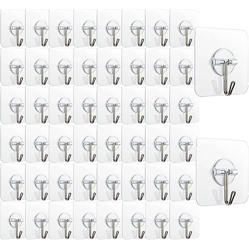 150 Pack Adhesive Hooks Wall Hooks 24lb(Max) Self Adhesive Hooks Heavy Duty,Transparent Reusable Adhesive Wall Hooks for Hanging for Kitchens, Bathroom, Office