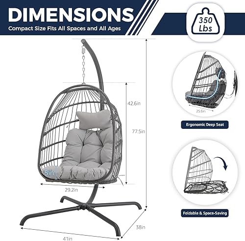 Miniatura 12 de NICESOUL Silla colgante con soporte para interiores y exteriores, cómodas sillas hamaca de ratán para patio con cojín, capacidad de 350 libras