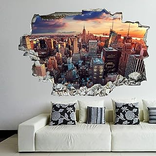 USA Houses Skyscrapers Evening New York Wall Decal Landscape 3D Break Through Wall Sticker Removable Funny Wall Art Decal Christmas Home Decor Vinyl Mural for Boy Kids Room Living Room
