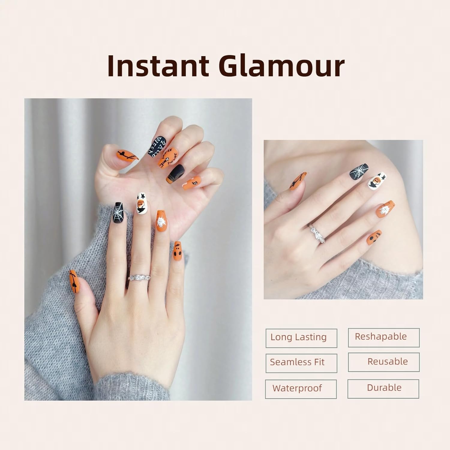 Nails Handmade Press On Nails Middle Square | Hand Painted Reusable False Nails with Unique Halloween Designs | 10 Pcs (Halloween Drawing, M)