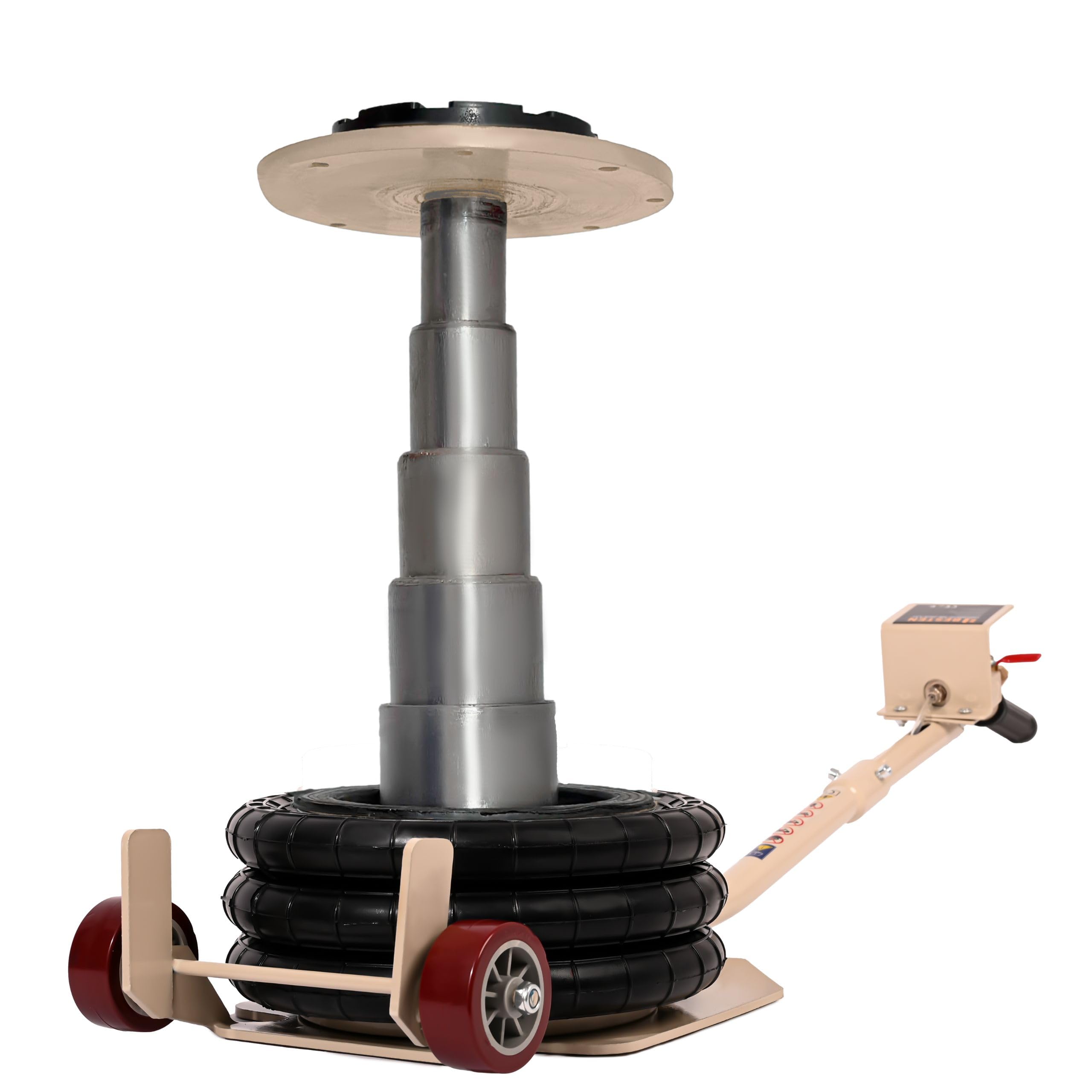 Podnośnik samochodowy pneumatyczny bałwanek BESTEN 3,5T • 150–400 mm • 6–12 bar • 3× zbrojona poduszka • teleskop centrujący • koła stal+guma Ø65 mm • zawór bezpieczeństwa • BE0002527